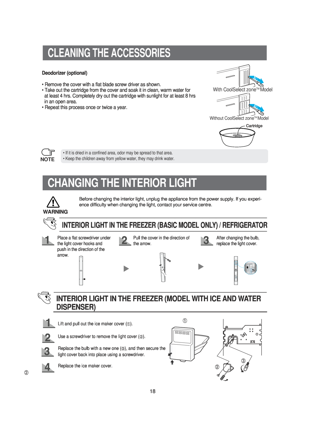 Samsung SRS620DW owner manual Changing The Interior Light, Cleaning The Accessories 