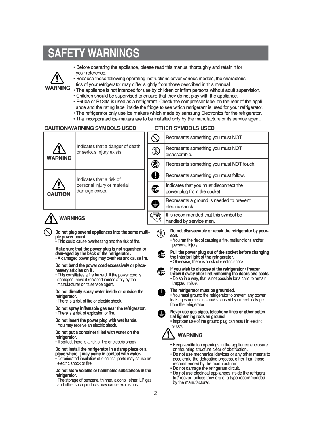 Samsung SRS620DW owner manual Safety Warnings, Caution/Warning Symbols Used, Other Symbols Used 