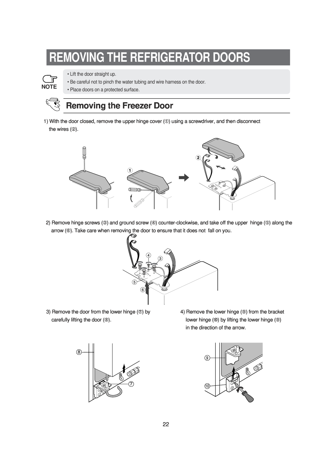 Samsung SRS620DW owner manual Removing The Refrigerator Doors, Removing the Freezer Door 