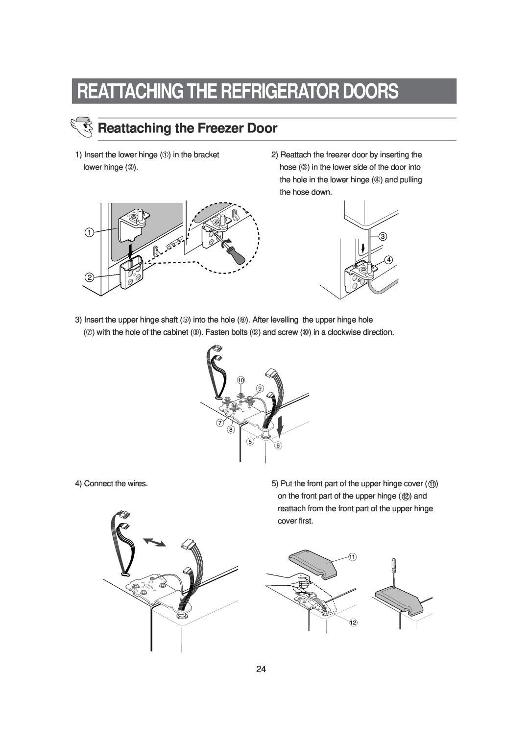 Samsung SRS620DW owner manual Reattaching The Refrigerator Doors, Reattaching the Freezer Door 