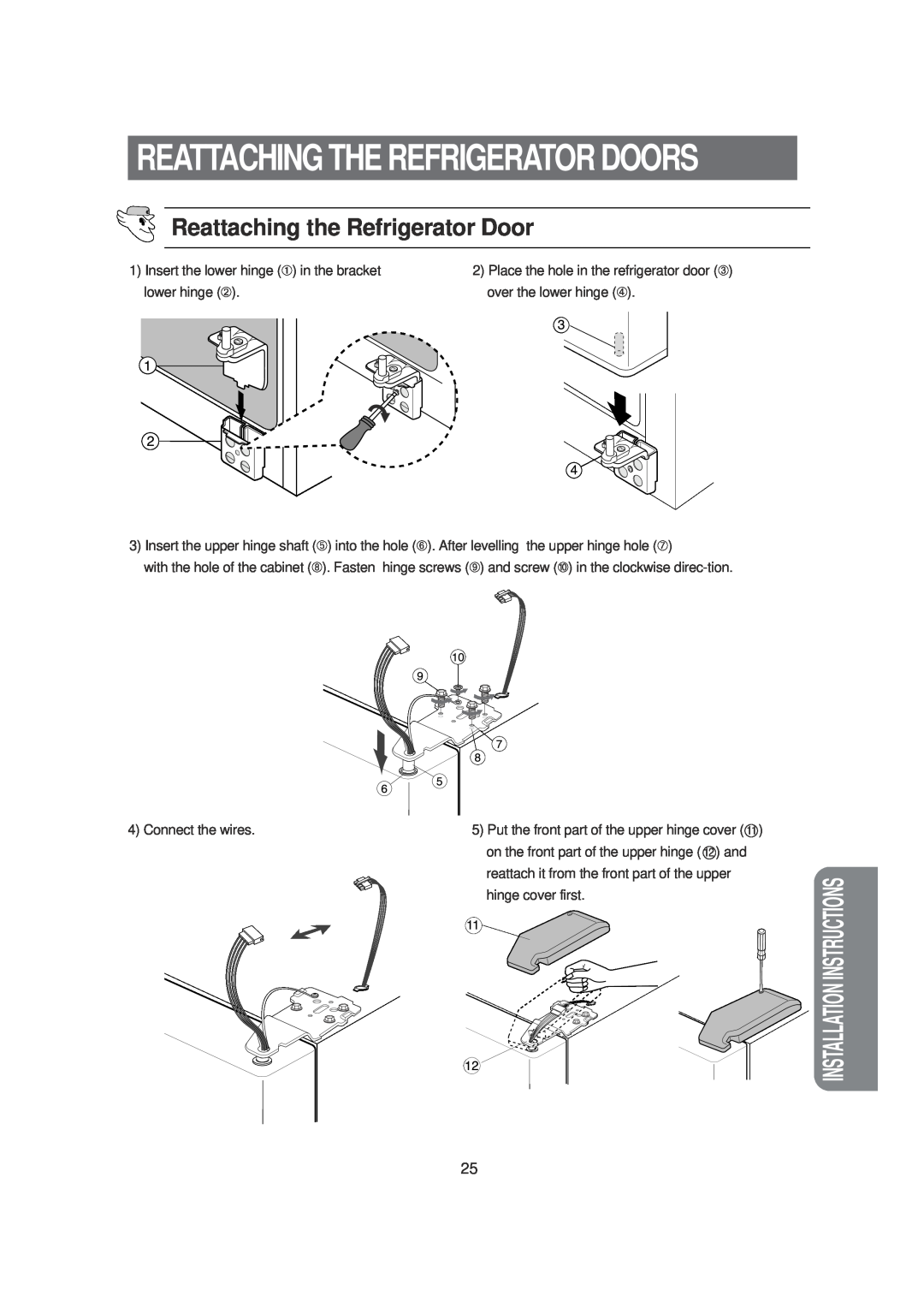 Samsung SRS620DW Reattaching the Refrigerator Door, Reattaching The Refrigerator Doors, Installation Instructions 