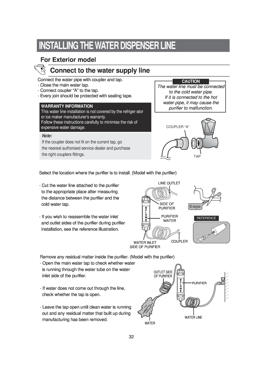 Samsung SRS620DW owner manual Connect to the water supply line, For Exterior model, Installing The Water Dispenser Line 