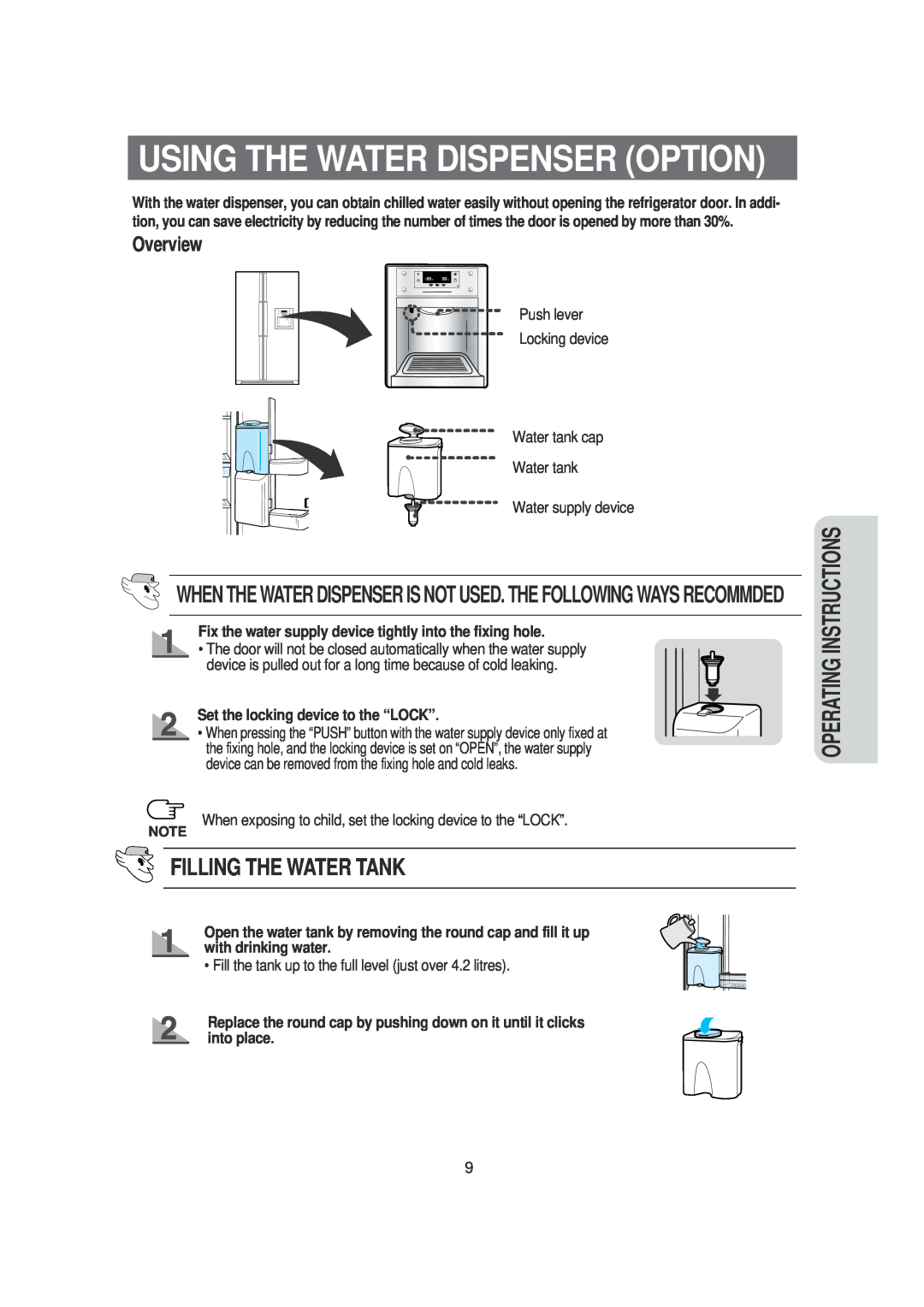 Samsung SRS620DW owner manual Using The Water Dispenser Option, Filling The Water Tank, Overview, Operating Instructions 