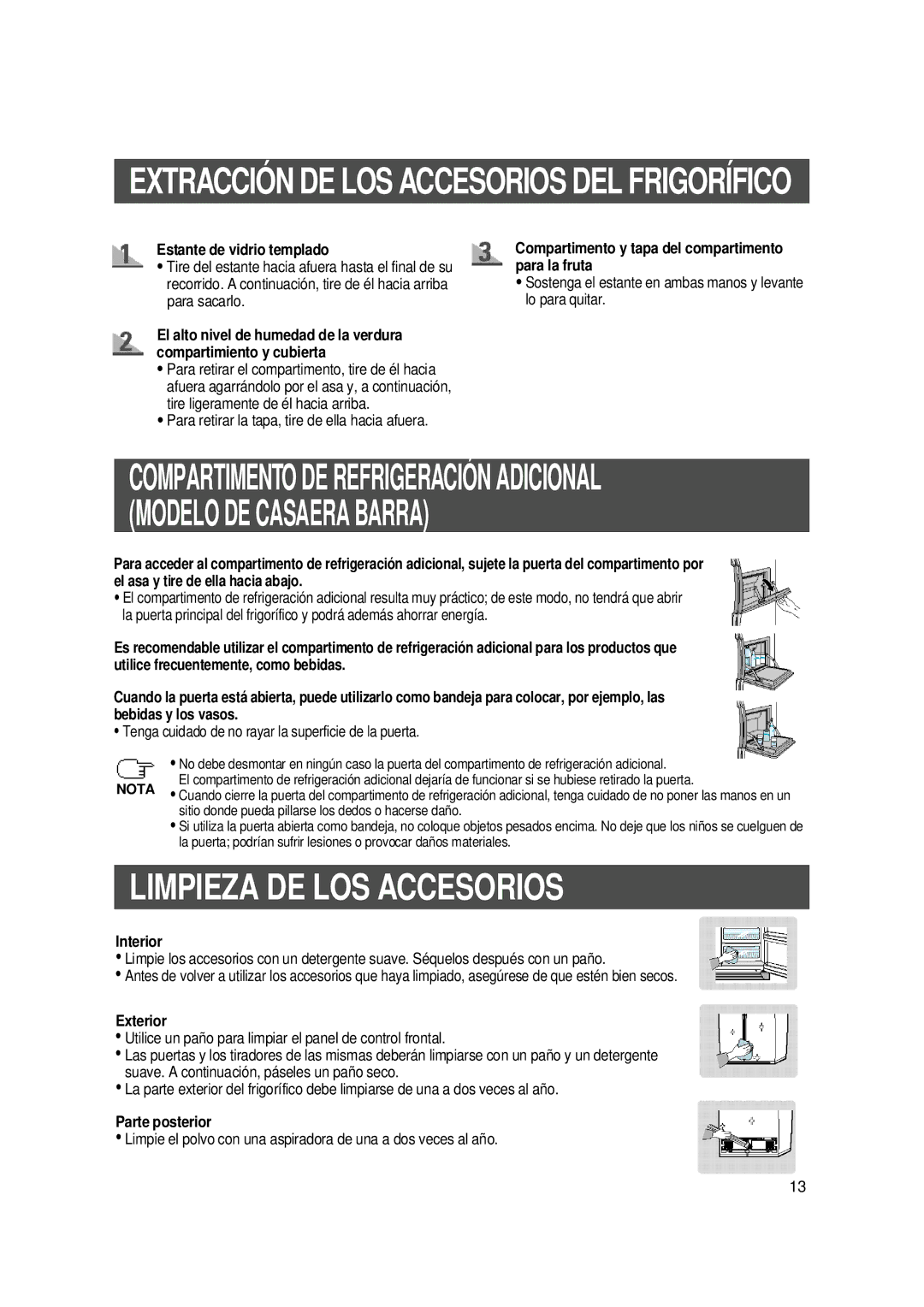 Samsung S17ENPNTQL/MOH manual Limpieza DE LOS Accesorios, Compartimento y tapa del compartimento para la fruta, Interior 