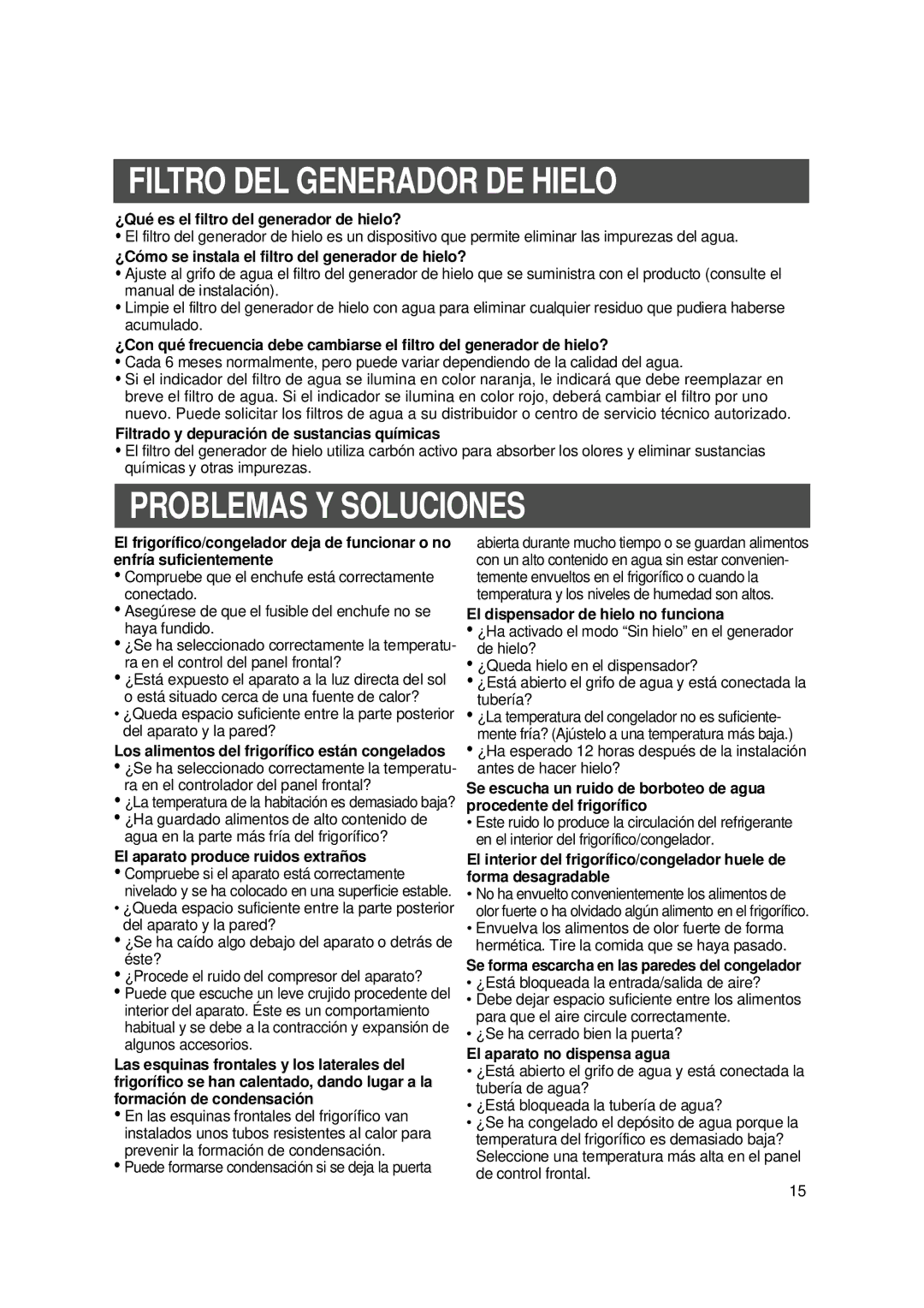 Samsung SS22SP1/XES, SS20WG1/XEF, SS20WG1/AMF, SS20XM2/XEU, SS20SH1/XEU Filtro DEL Generador DE Hielo, Problemas Y Soluciones 