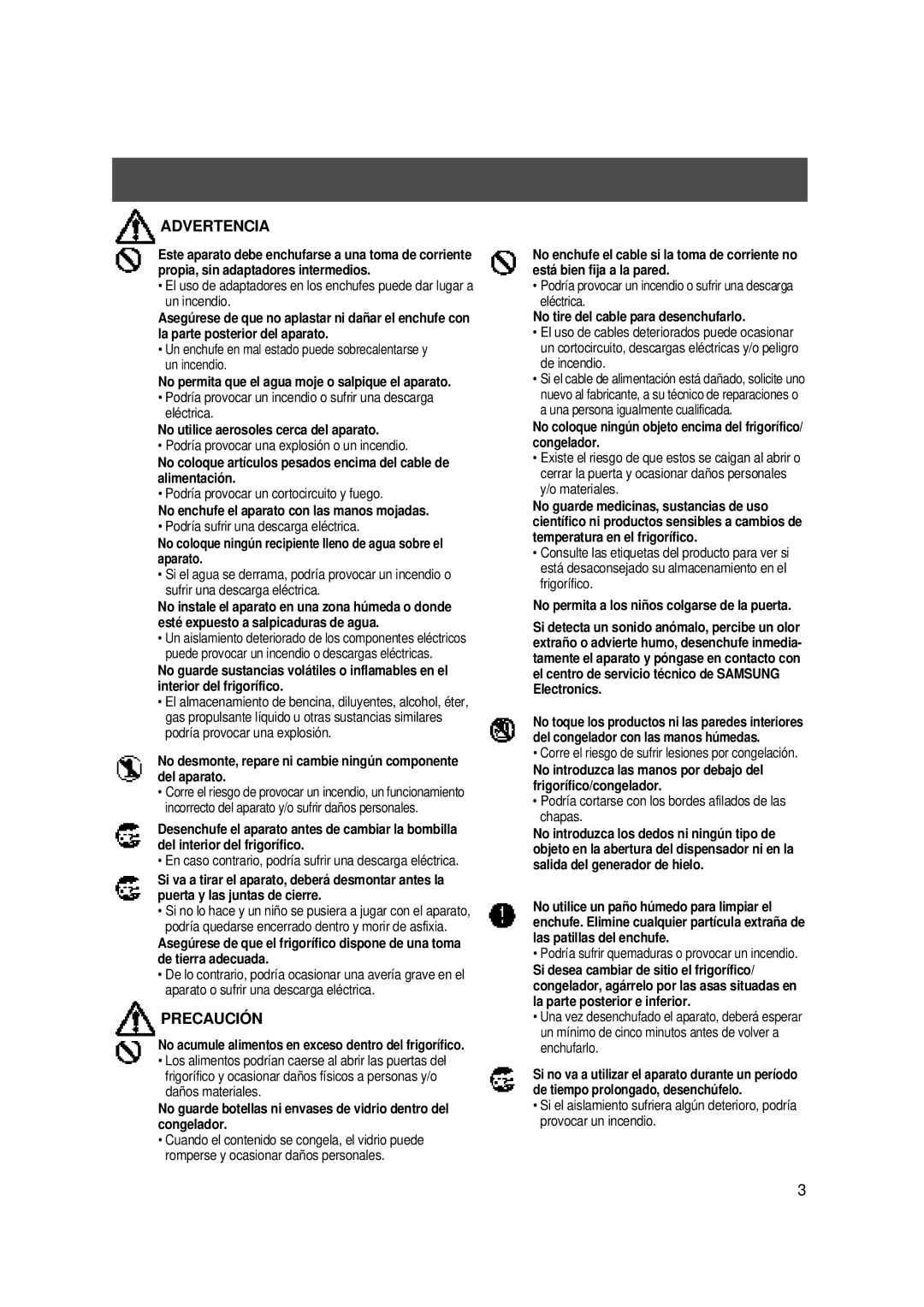 Samsung SS20SH1/XEU, SS20WG1/XEF, SS20WG1/AMF, SS20XM2/XEU, SS20WG1/NSI, SS22WG1/XES, SS20SH1/CHA, SS20WG2/CHA manual Advertencia 