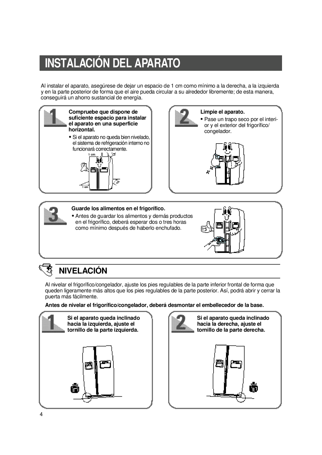 Samsung SS20WG1/NSI manual Instalación DEL AP Arato, Nivelación, Guarde los alimentos en el frigorífico, Limpie el aparato 