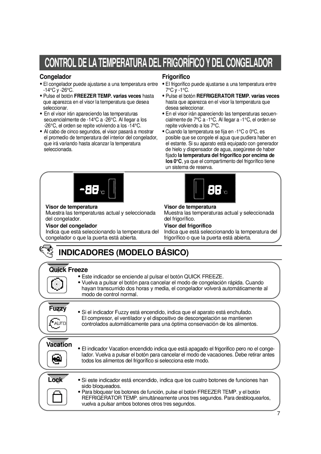 Samsung SS20WG2/CHA manual Indicadores Modelo Básico, Visor de temperatura, Visor del congelador, Visor del frigorífico 