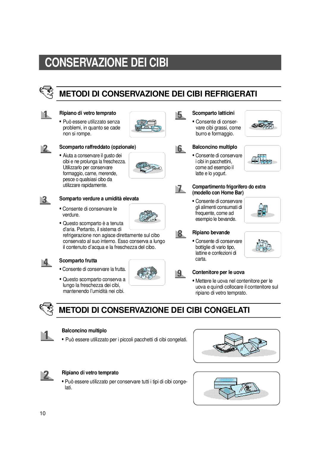 Samsung SS20WG3/XET manual Metodi DI Conservazione DEI Cibi Refrigerati, Metodi DI Conservazione DEI Cibi Congelati 