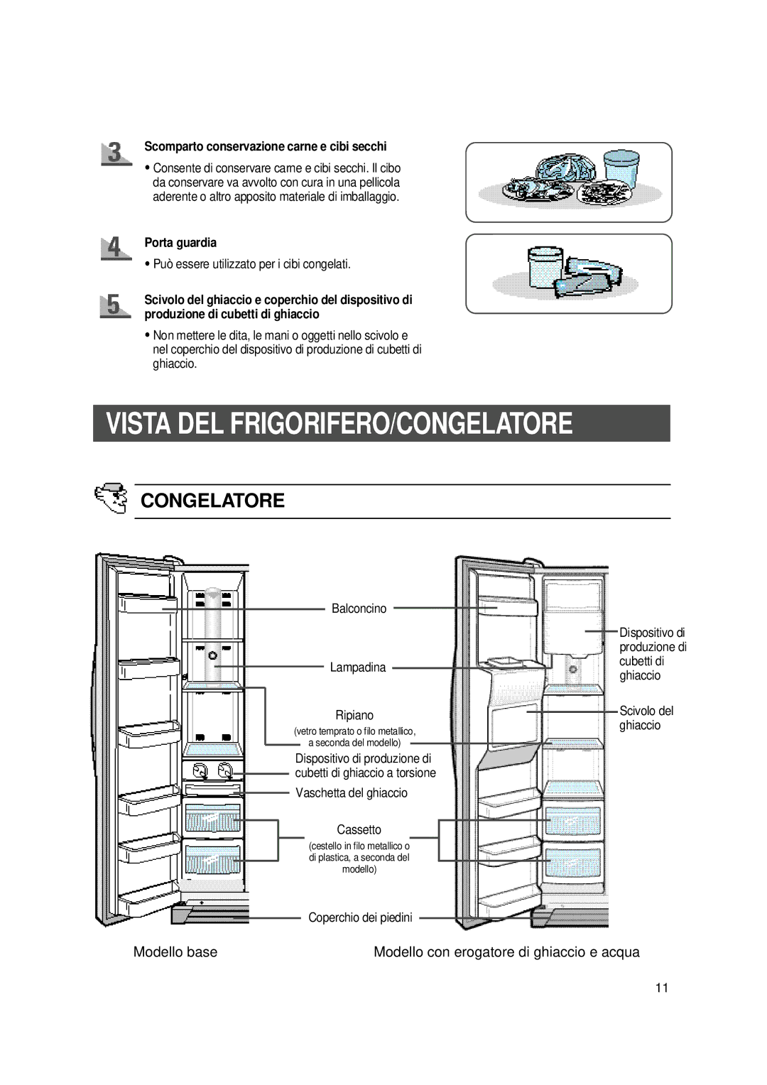 Samsung SS20ZB2/XEE manual Vista DEL FRIGORIFERO/CONGELATORE, Congelatore, Scomparto conservazione carne e cibi secchi 