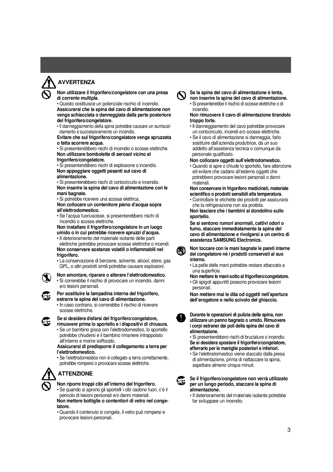 Samsung SS20XR2/XET, SS20WH1/XEU, SS20WG1/AMF, SS20XM2/XEU, SS20WG2/XEF, SS20XR1/XET, SS20SH1/XEU, SS20XY2/XET manual Avvertenza 