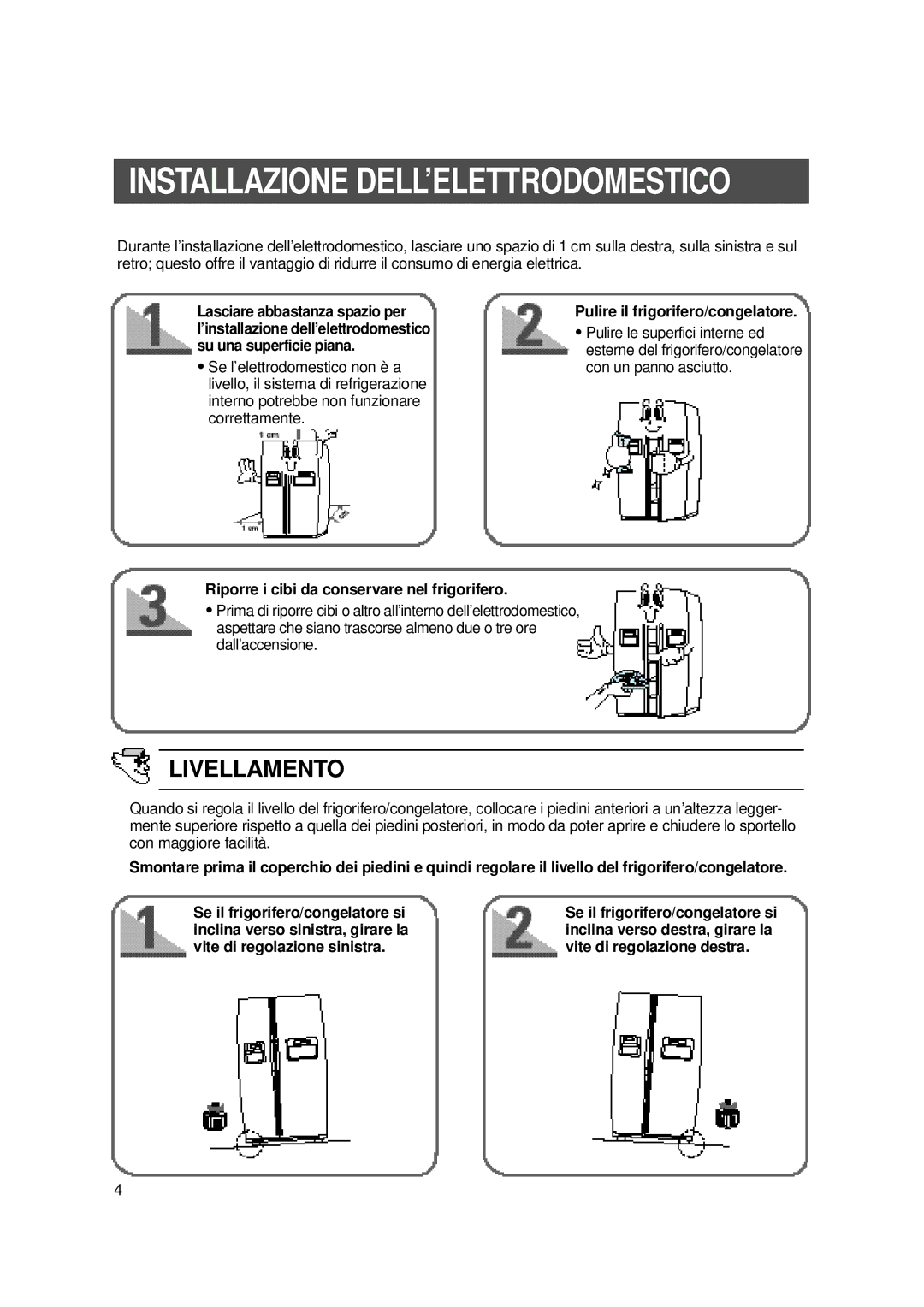 Samsung SS20WG2/XEF, SS20WH1/XEU manual Installazione DELL’ELETTRODOMESTICO, Livellamento, Pulire il frigorifero/congelatore 