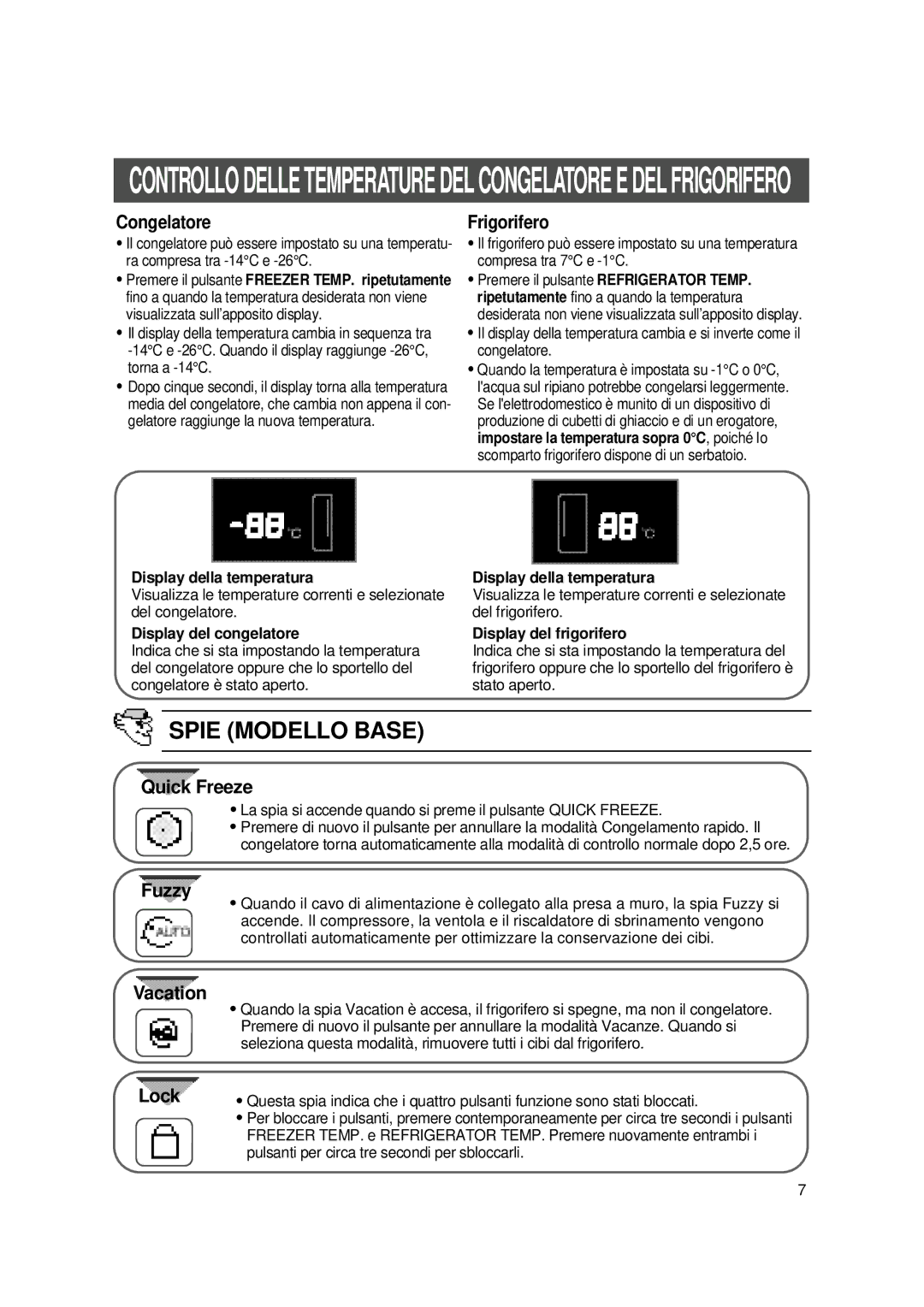 Samsung SS20XY2/XET manual Spie Modello Base, Display della temperatura, Display del congelatore, Display del frigorifero 