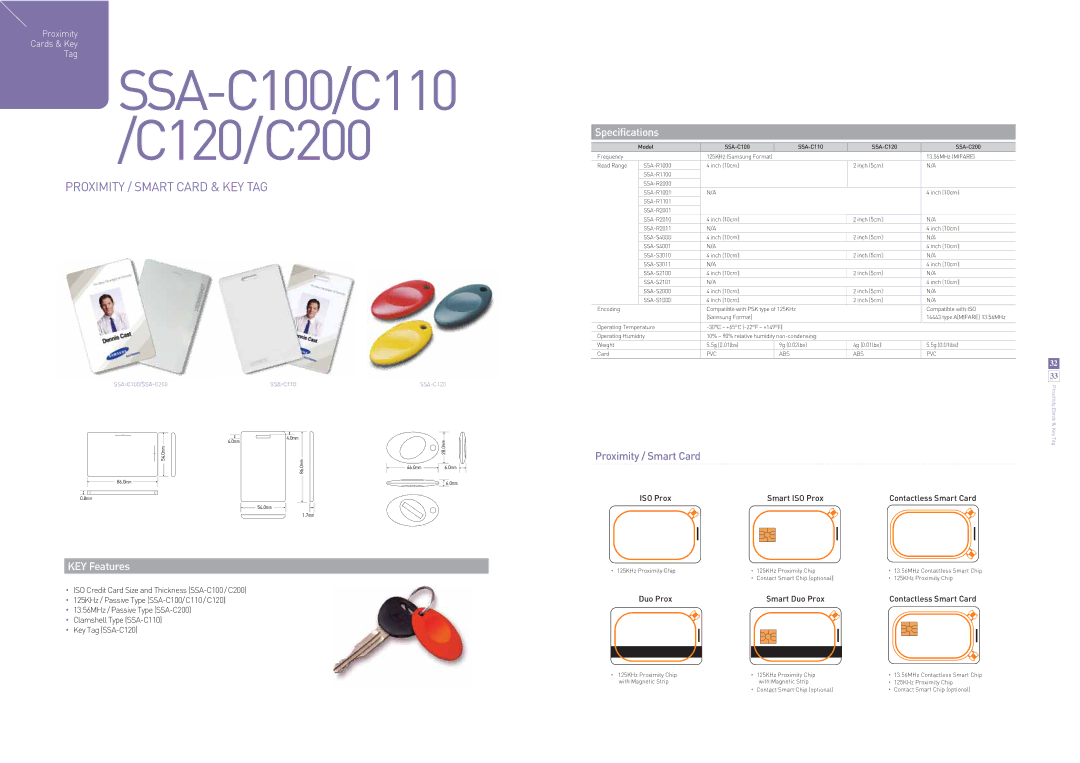 Samsung specifications SSA-C100/C110 /C120/C200, Proximity / Smart Card & KEY TAG, KEY Features, Specifications 