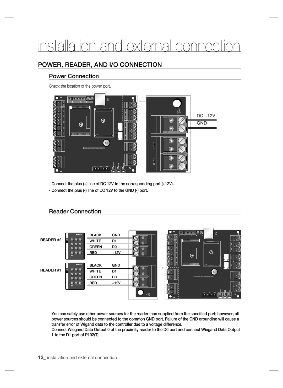 Samsung SSA-P102T user manual POWER, READER, and I/O Connection, Power Connection, Reader Connection 