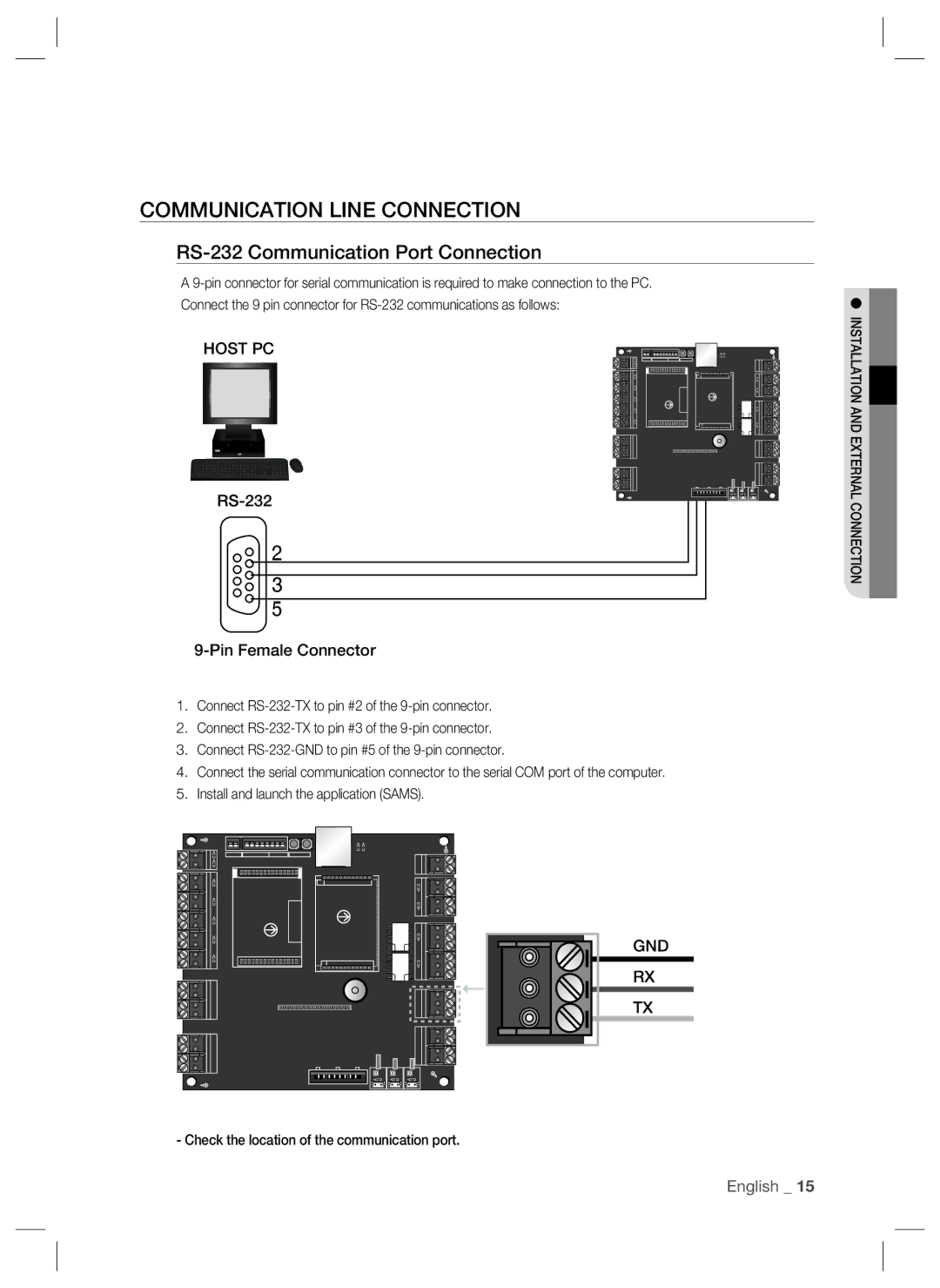 Samsung SSA-P102T Communication Line Connection, RS-232 Communication Port Connection, RS-232 Pin Female Connector 