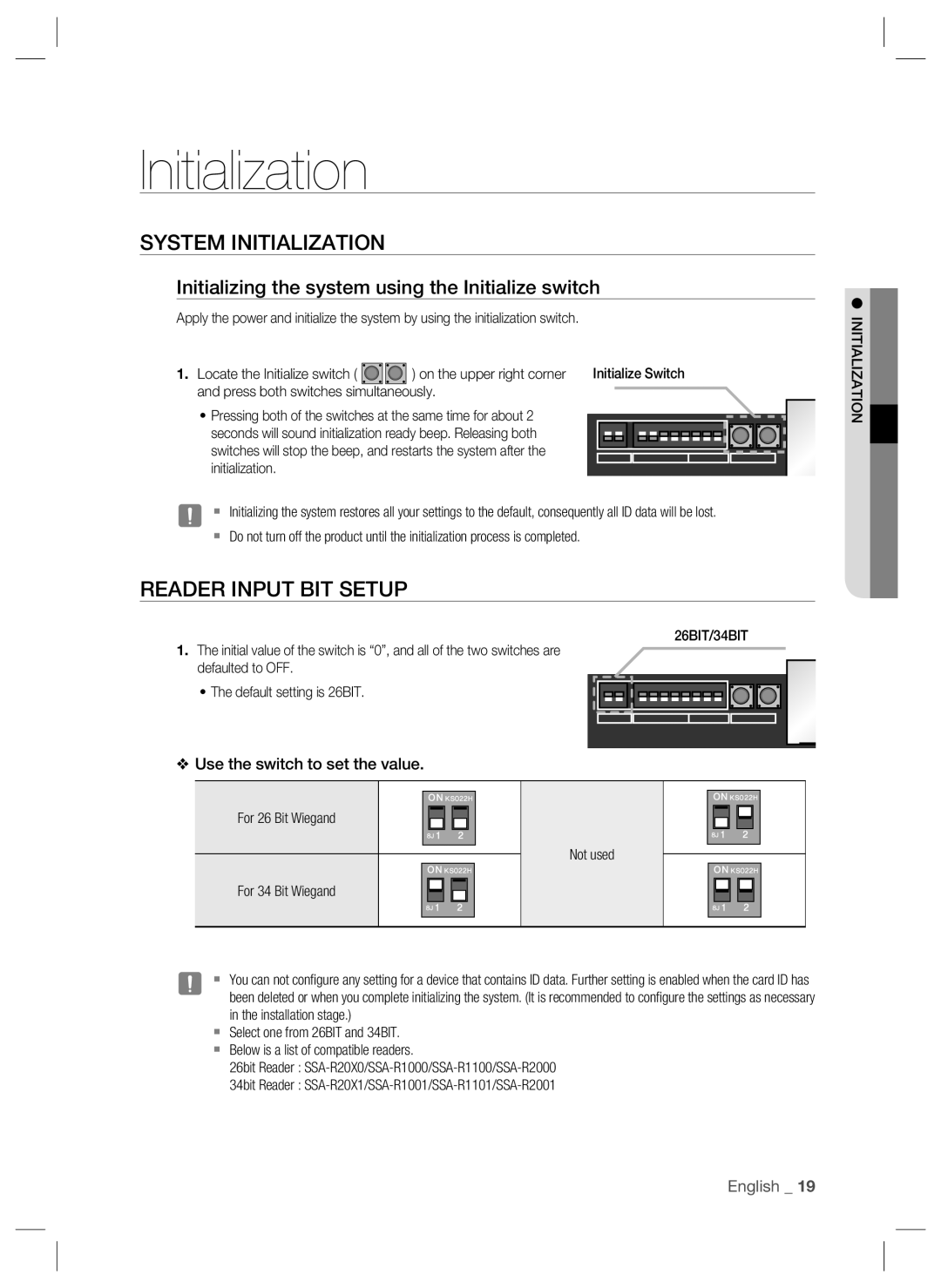 Samsung SSA-P102T System Initialization, Reader Input BIT Setup, Initializing the system using the Initialize switch 