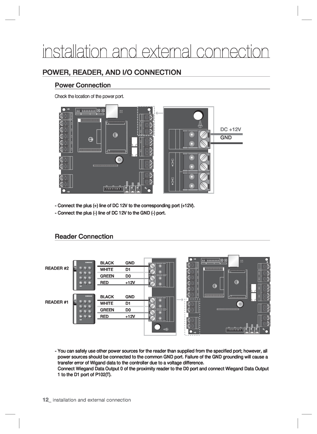 Samsung SSA-P102T user manual Power, Reader, And I/O Connection, Power Connection, Reader Connection, DC +12V 