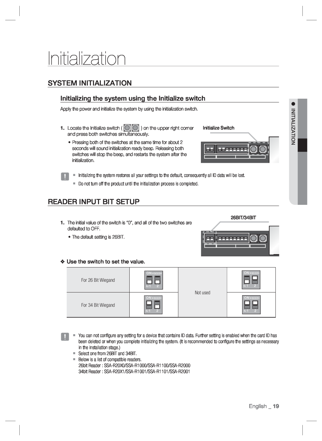 Samsung SSA-P102T System Initialization, Reader Input Bit Setup, English, For 26 Bit Wiegand, For 34 Bit Wiegand 