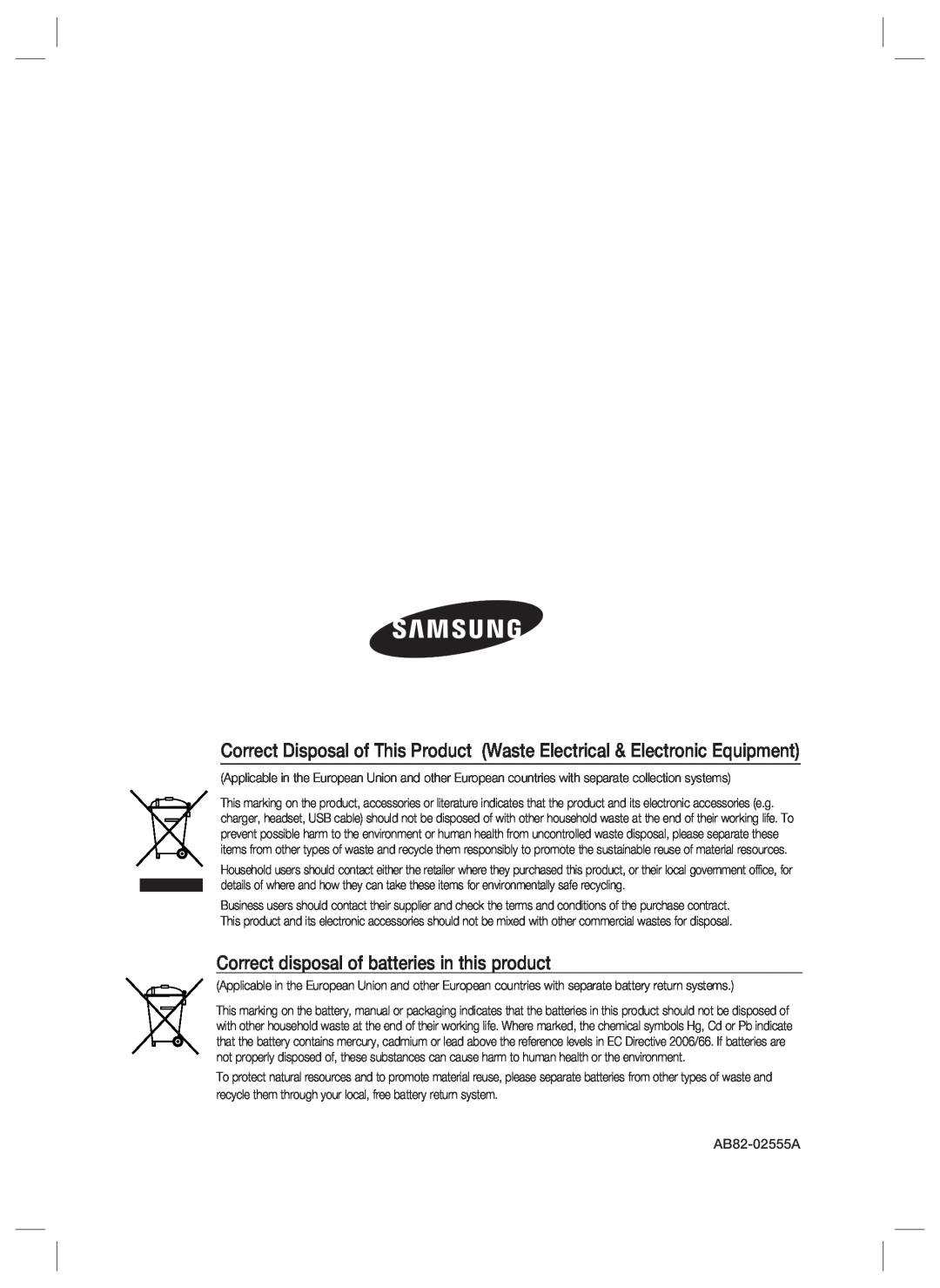 Samsung SSA-P102T user manual Correct disposal of batteries in this product 