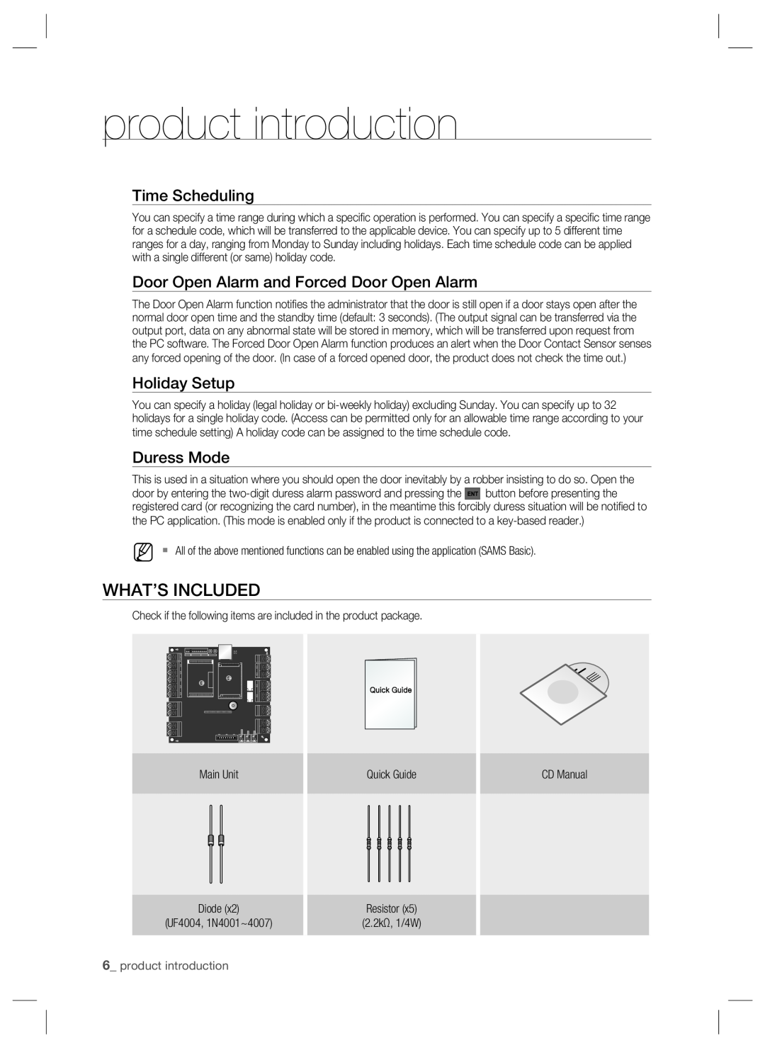 Samsung SSA-P102 What’S Included, Time Scheduling, Door Open Alarm and Forced Door Open Alarm, Holiday Setup, Duress Mode 