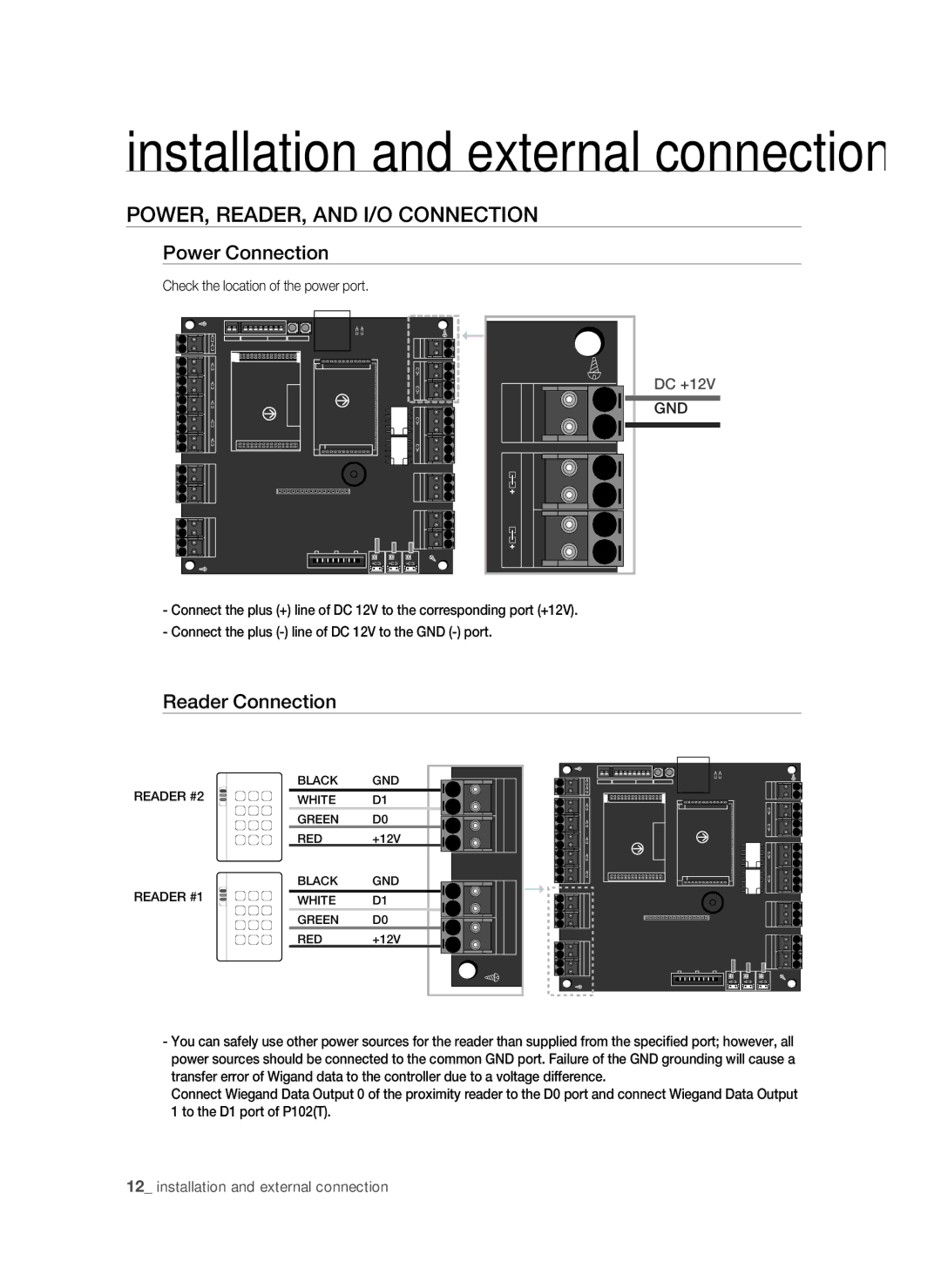 Samsung SSA-P102T/EXP manual POWER, READER, and I/O Connection, Power Connection, Reader Connection 