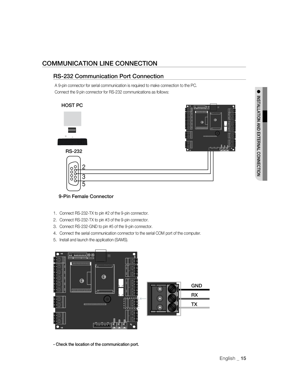 Samsung SSA-P102T/EXP manual Communication Line Connection, RS-232 Communication Port Connection, Host PC, Gnd 