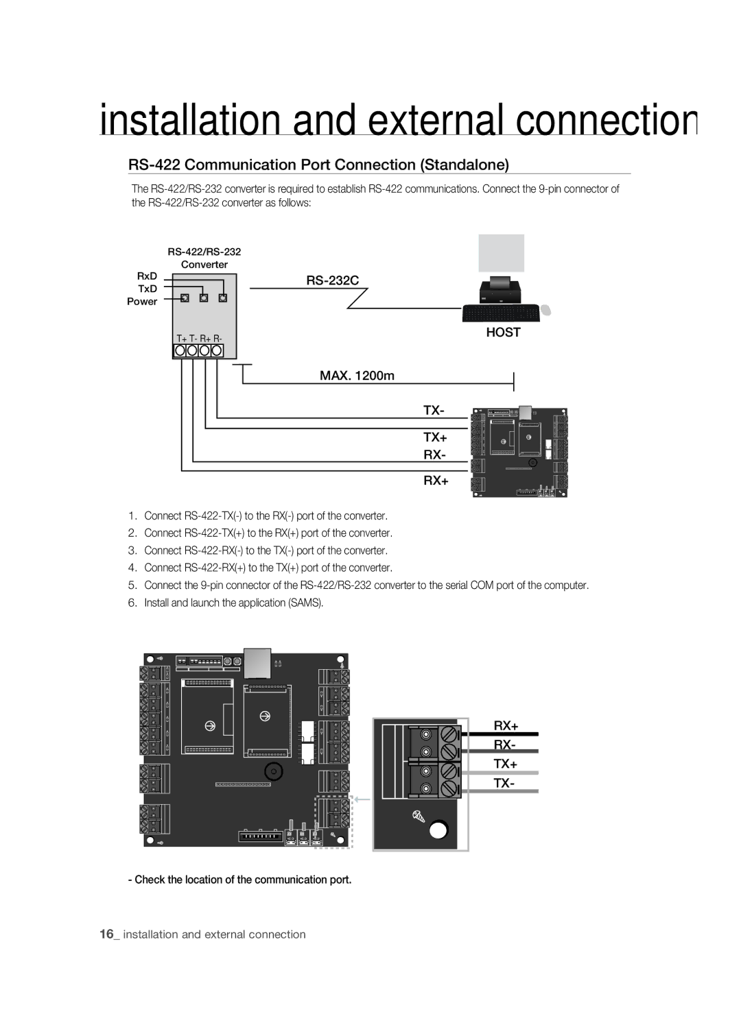 Samsung SSA-P102T/EXP manual RS-422 Communication Port Connection Standalone, Host, Tx+ Rx+, Rx+ Tx+ 