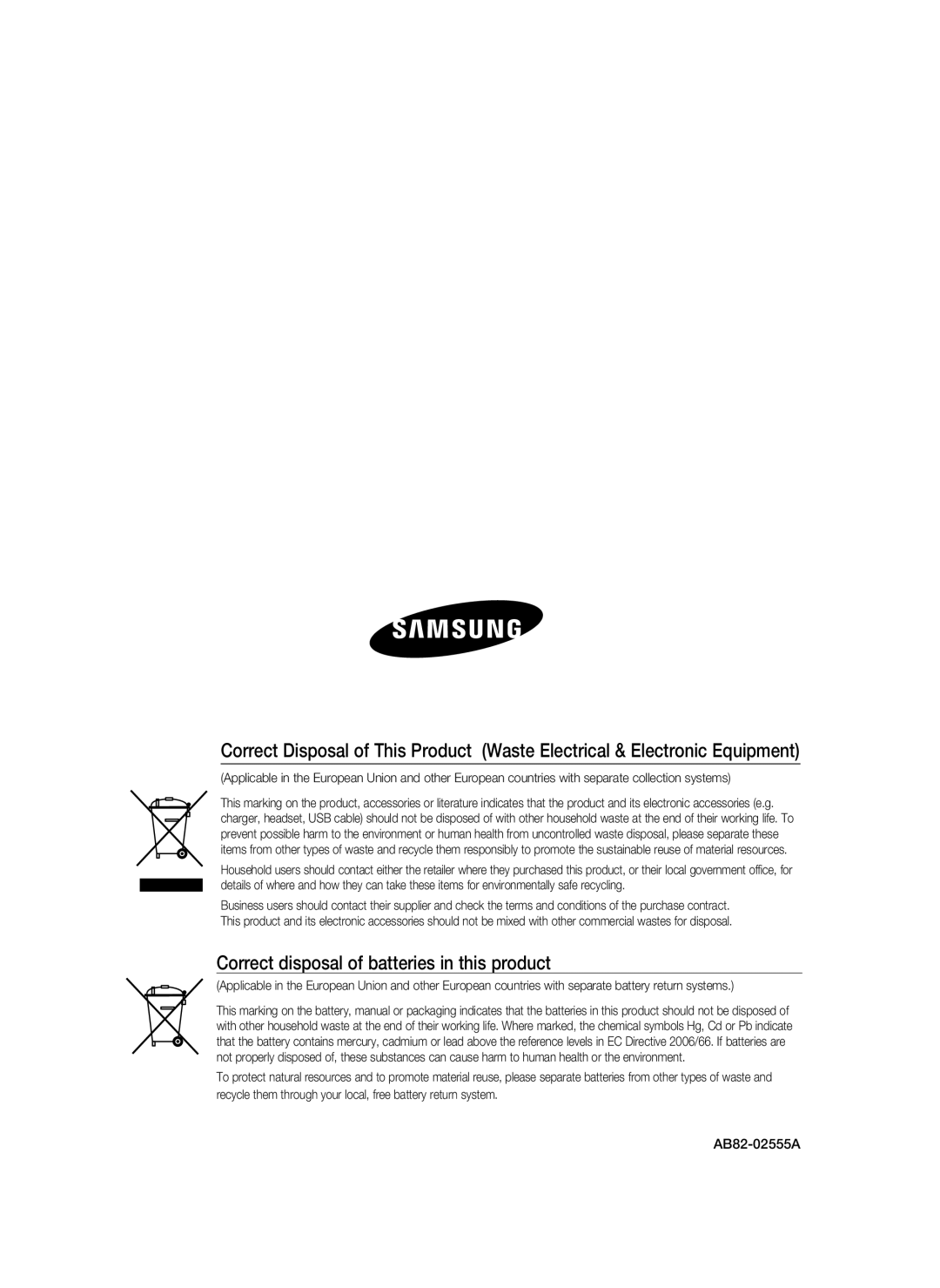 Samsung SSA-P102T/EXP manual Correct disposal of batteries in this product 