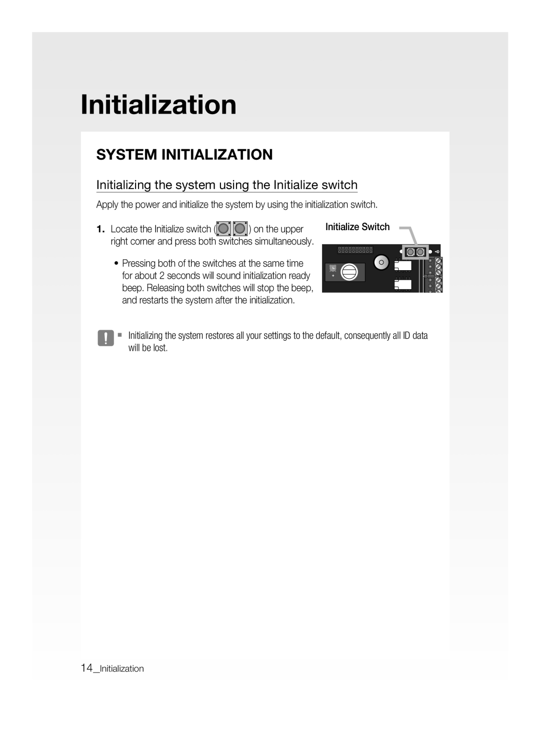 Samsung SSA-P400/EXP, SSA-P400T/EXP manual System Initialization, Initializing the system using the Initialize switch 