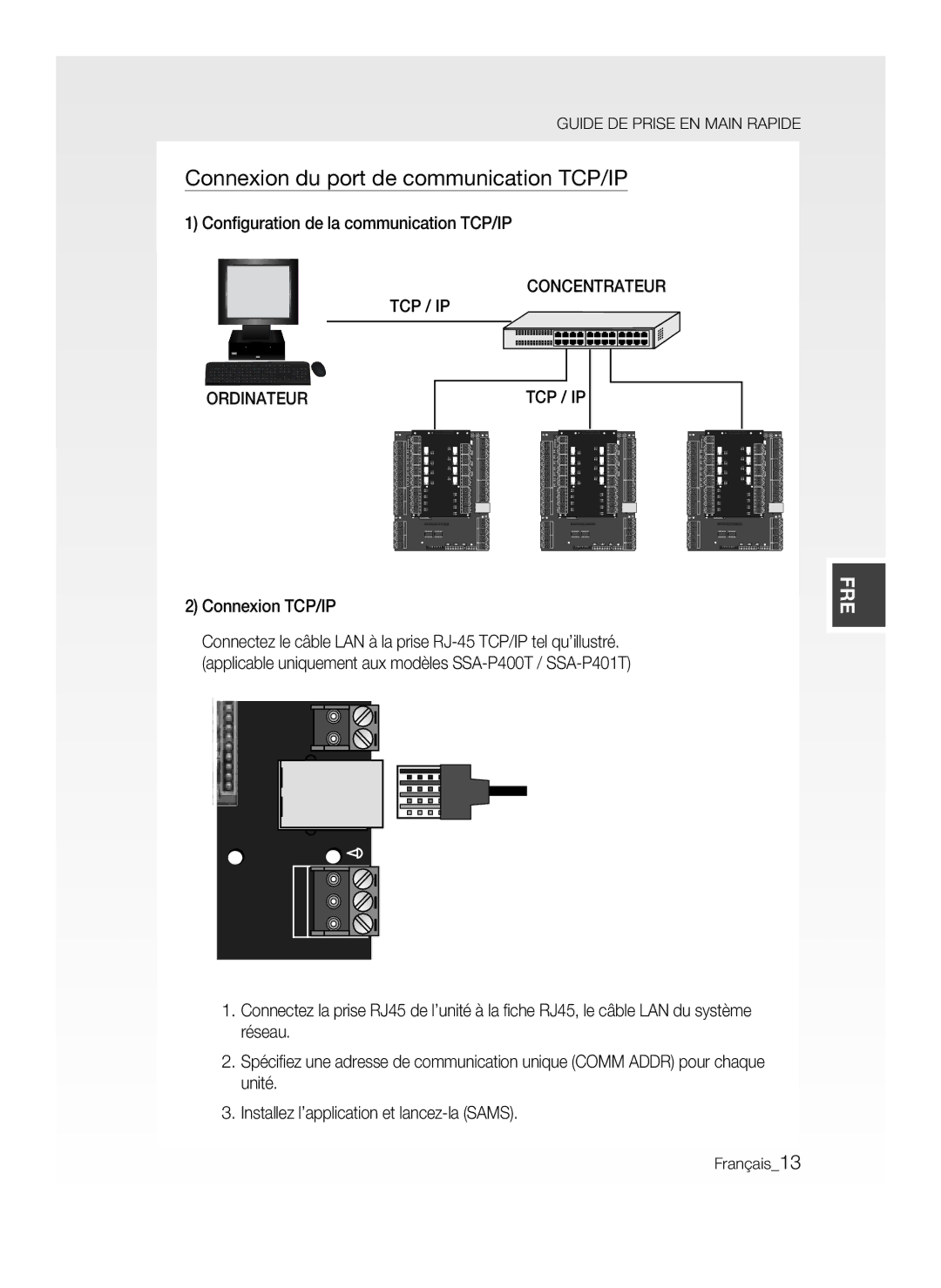 Samsung SSA-P400T/EXP Connexion du port de communication TCP/IP, Conﬁguration de la communication TCP/IP, Connexion TCP/IP 