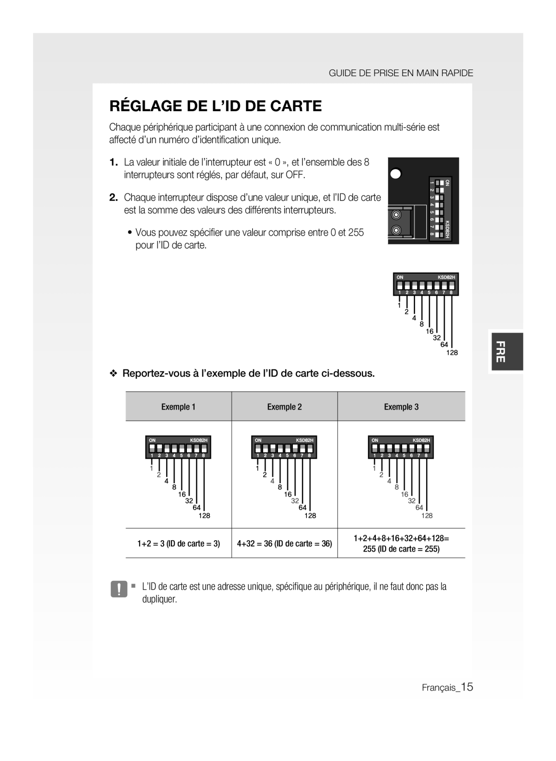 Samsung SSA-P400T/EXP manual Réglage DE L’ID DE Carte, Reportez-vous à l’exemple de l’ID de carte ci-dessous, Exemple 