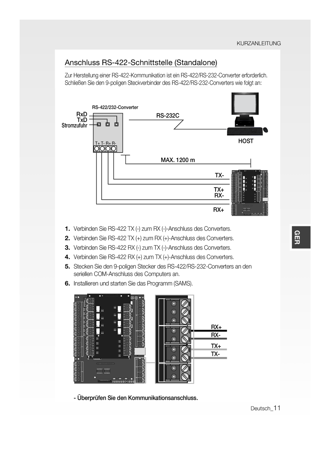 Samsung SSA-P400T/EXP, SSA-P400/EXP manual Anschluss RS-422-Schnittstelle Standalone, RxD TxD Stromzufuhr 