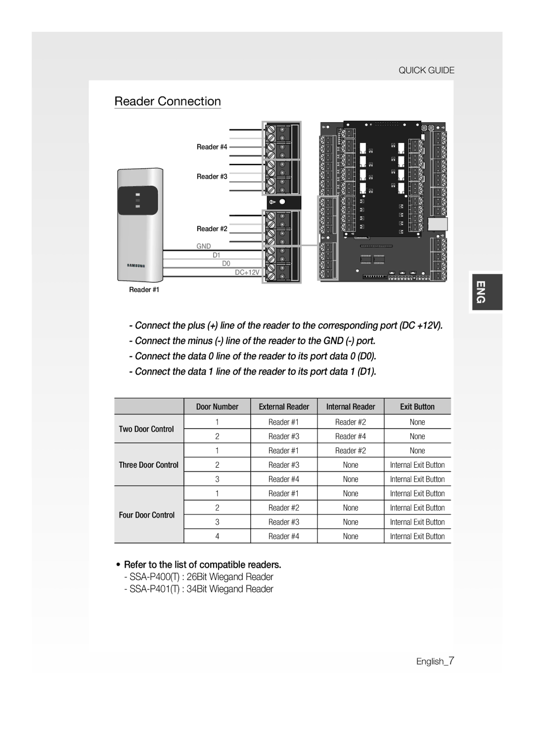 Samsung SSA-P400T/EXP, SSA-P400/EXP manual Reader Connection, Door Number, Exit Button 