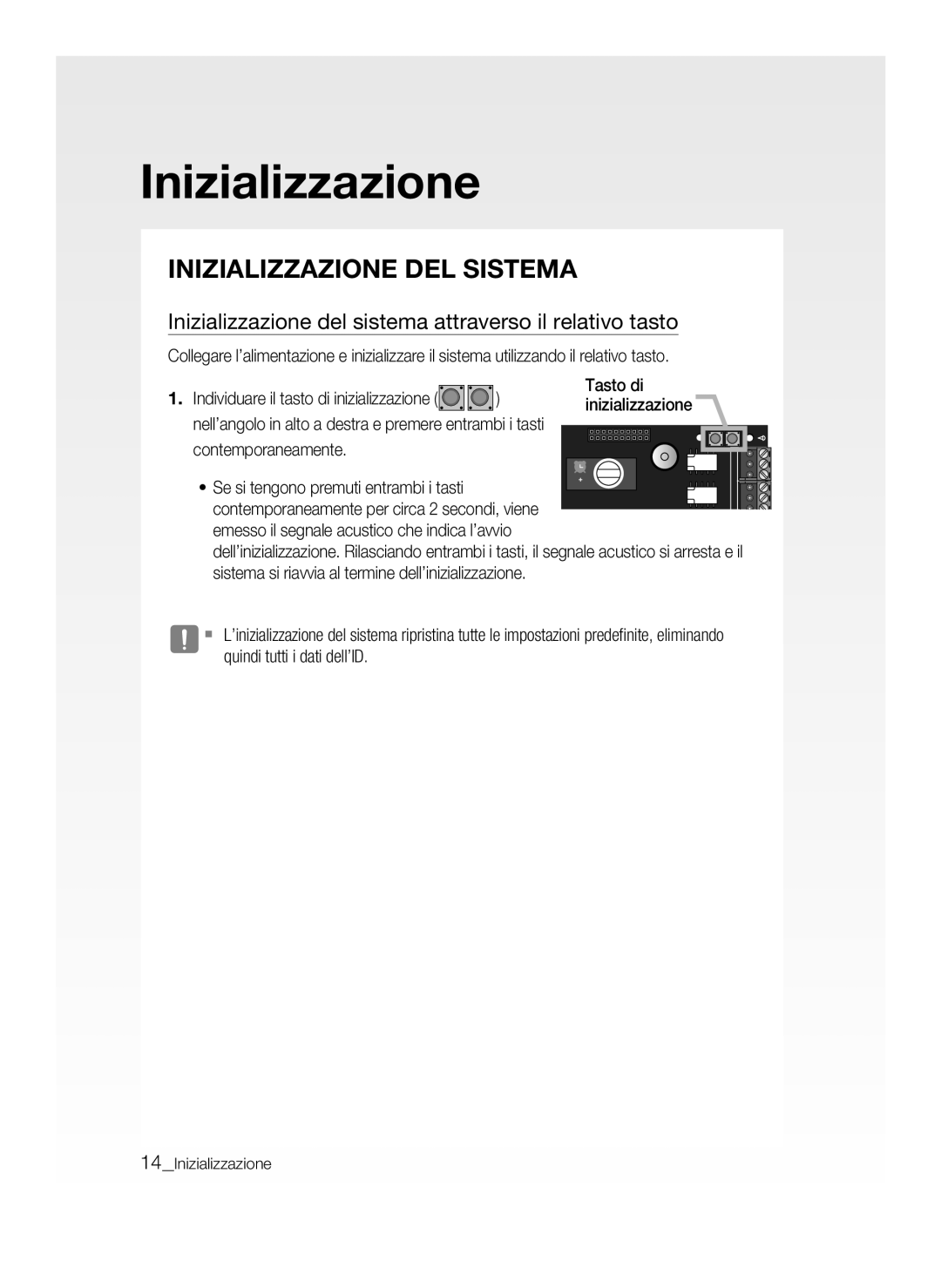 Samsung SSA-P400/EXP manual Inizializzazione DEL Sistema, Inizializzazione del sistema attraverso il relativo tasto 