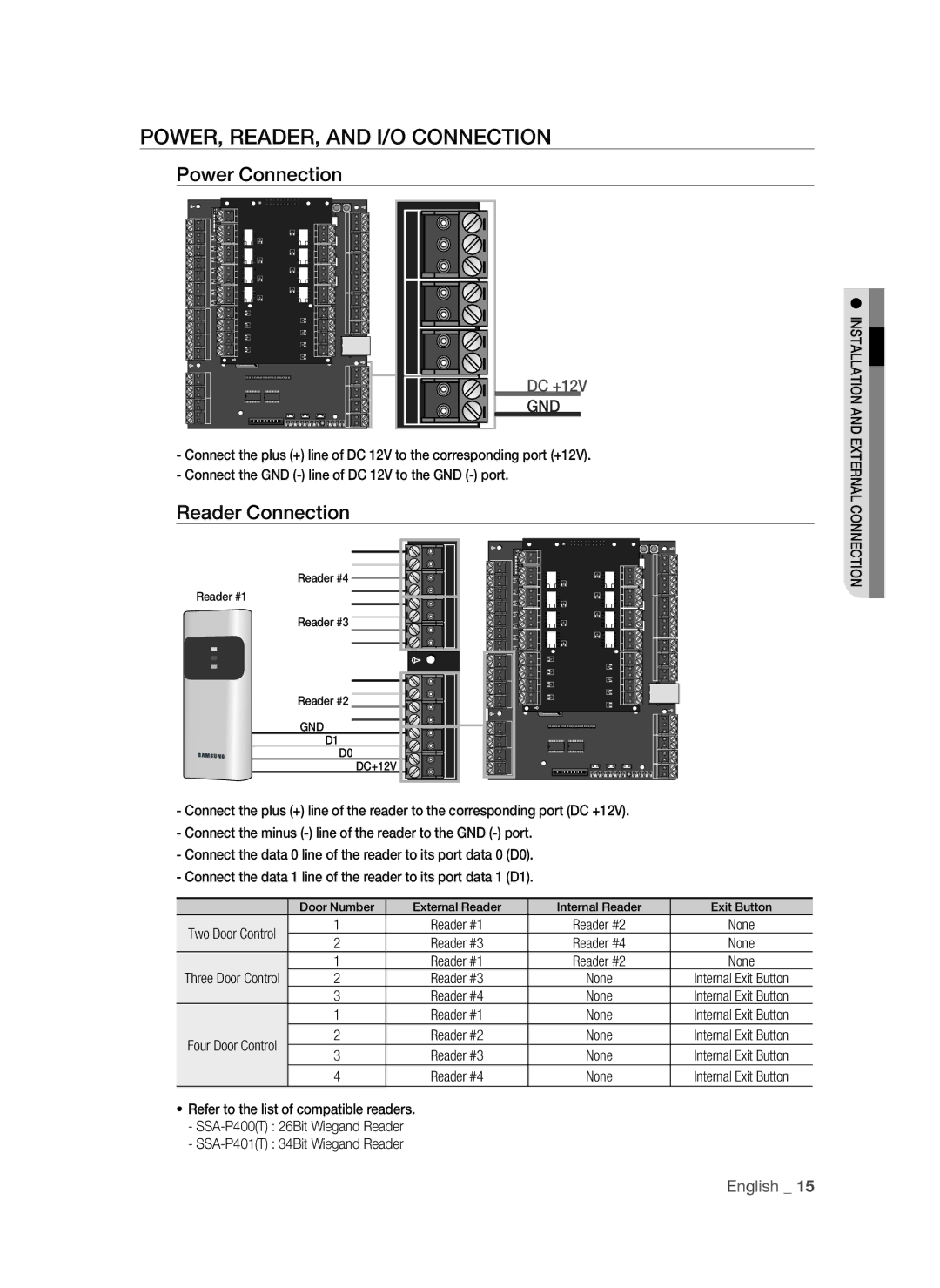 Samsung SSA-P400T/EXP, SSA-P400/EXP manual POWER, READER, and I/O Connection, Power Connection, Reader Connection 