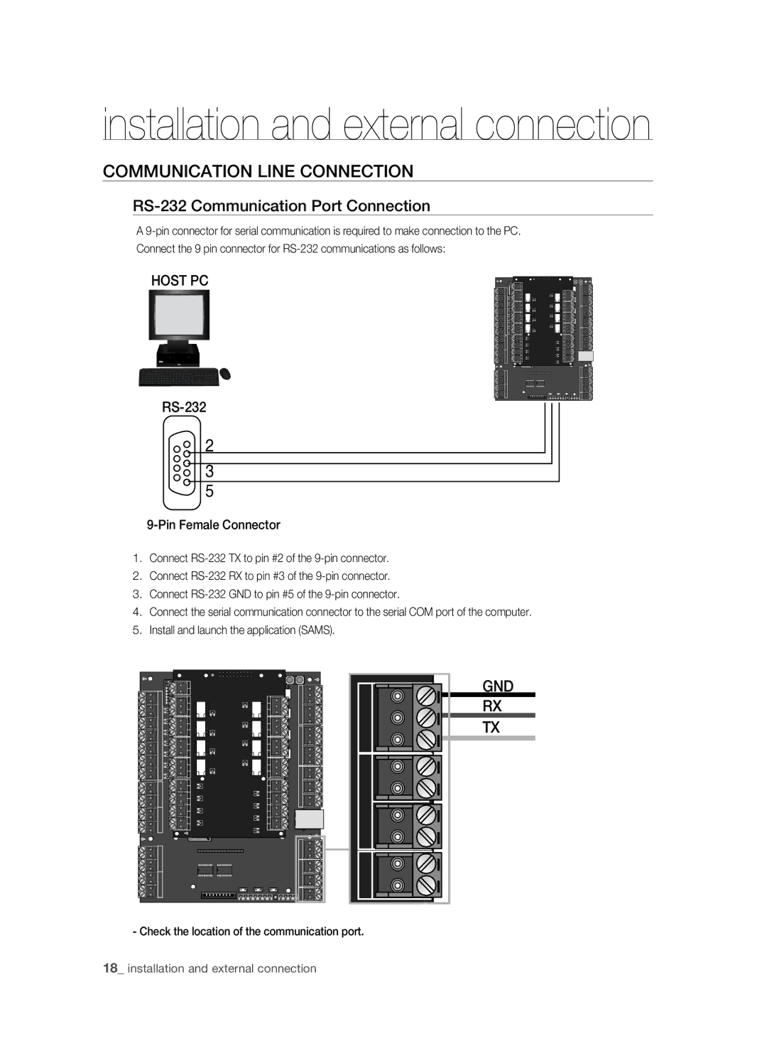 Samsung SSA-P400/EXP, SSA-P400T/EXP manual Communication Line Connection, RS-232 Communication Port Connection, Host PC 