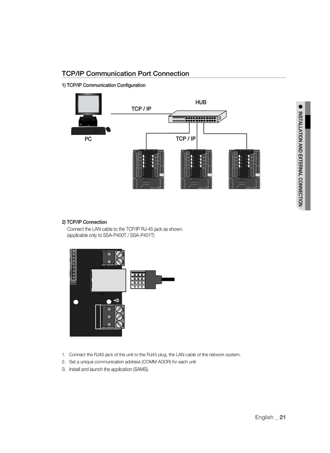 Samsung SSA-P400T/EXP, SSA-P400/EXP TCP/IP Communication Port Connection, Hub Tcp / Ip, TCP/IP Communication Conﬁguration 