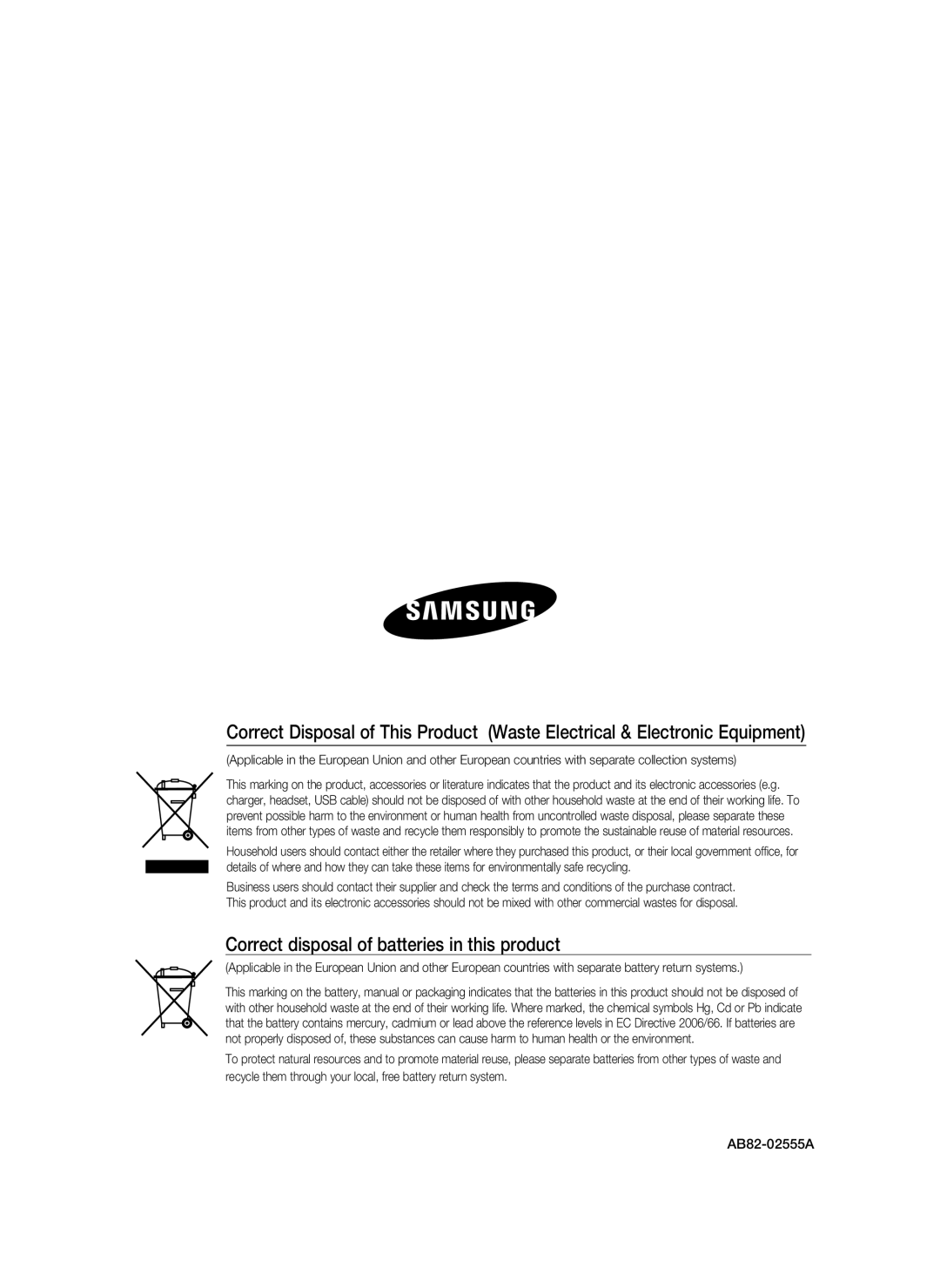 Samsung SSA-P400T/EXP, SSA-P400/EXP manual Correct disposal of batteries in this product 