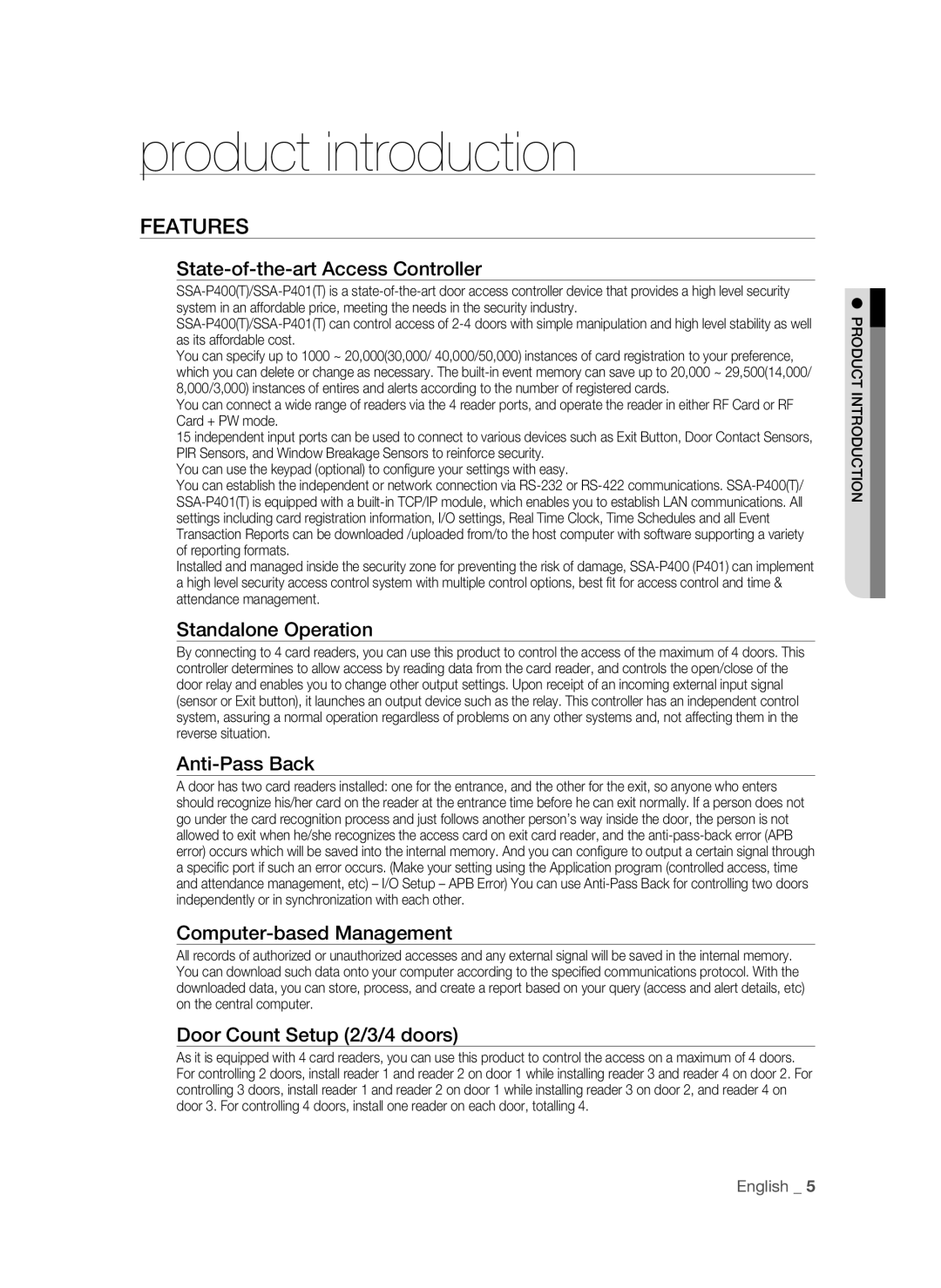 Samsung SSA-P400T/EXP, SSA-P400/EXP manual Product introduction, Features 