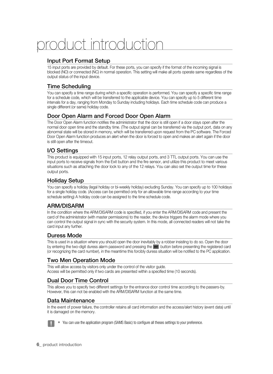 Samsung SSA-P400/EXP manual Input Port Format Setup, Time Scheduling, Door Open Alarm and Forced Door Open Alarm, Settings 