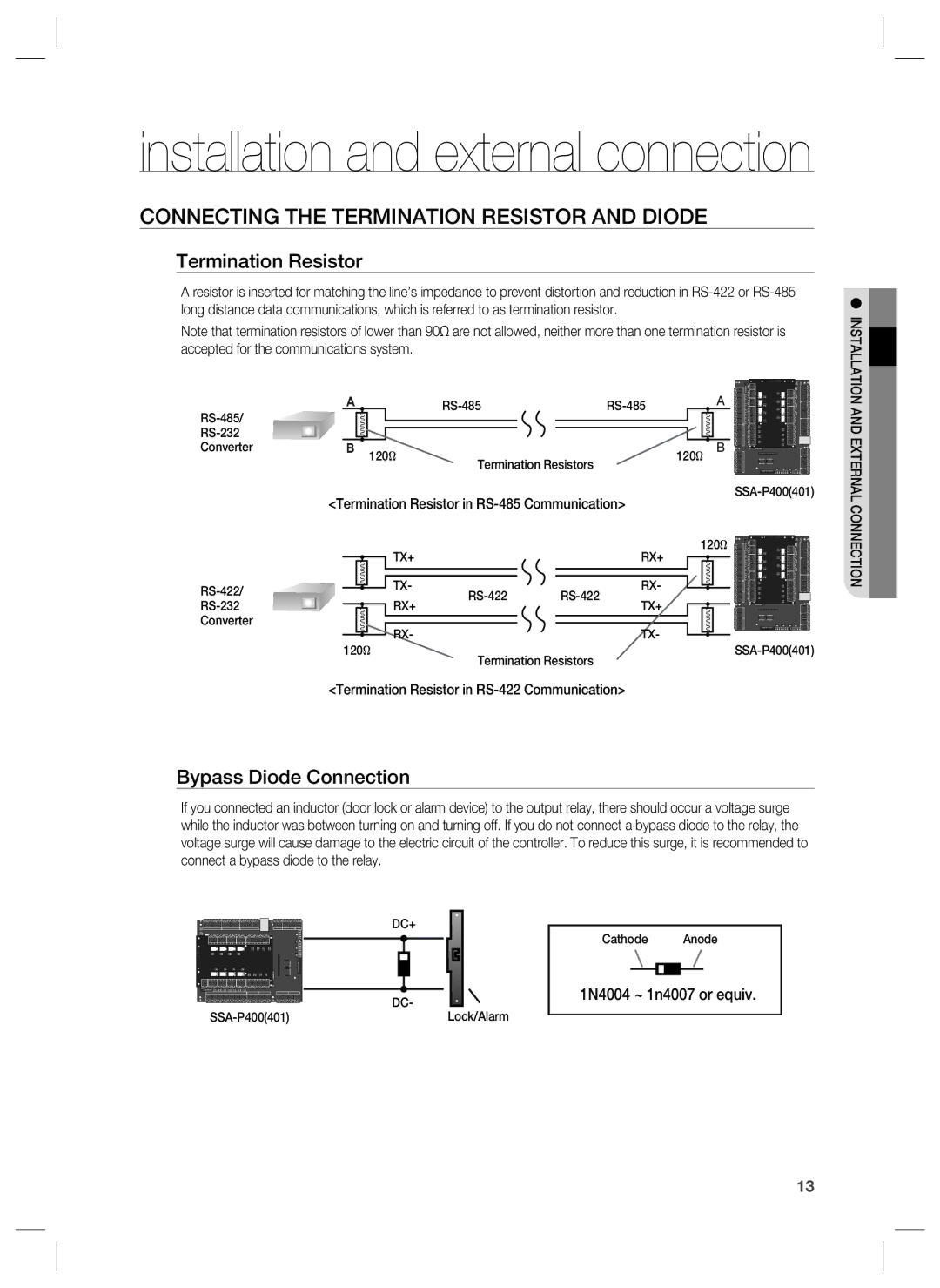 Samsung SSA-P401T, SSA-P400T user manual Connecting the Termination Resistor and Diode, Bypass Diode Connection 