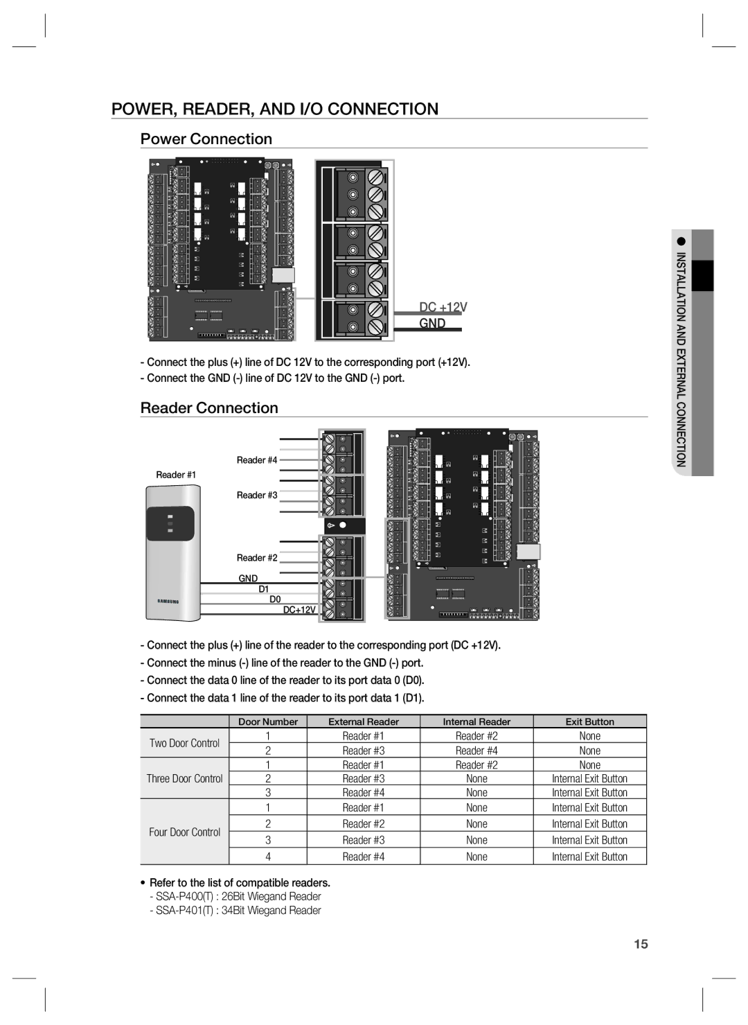 Samsung SSA-P400T, SSA-P401T user manual POWER, READER, and I/O Connection, Power Connection, Reader Connection 