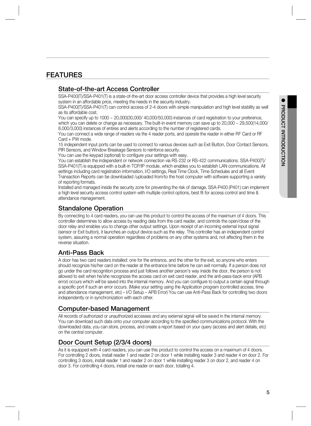 Samsung SSA-P401T, SSA-P400T user manual Product introduction, Features 