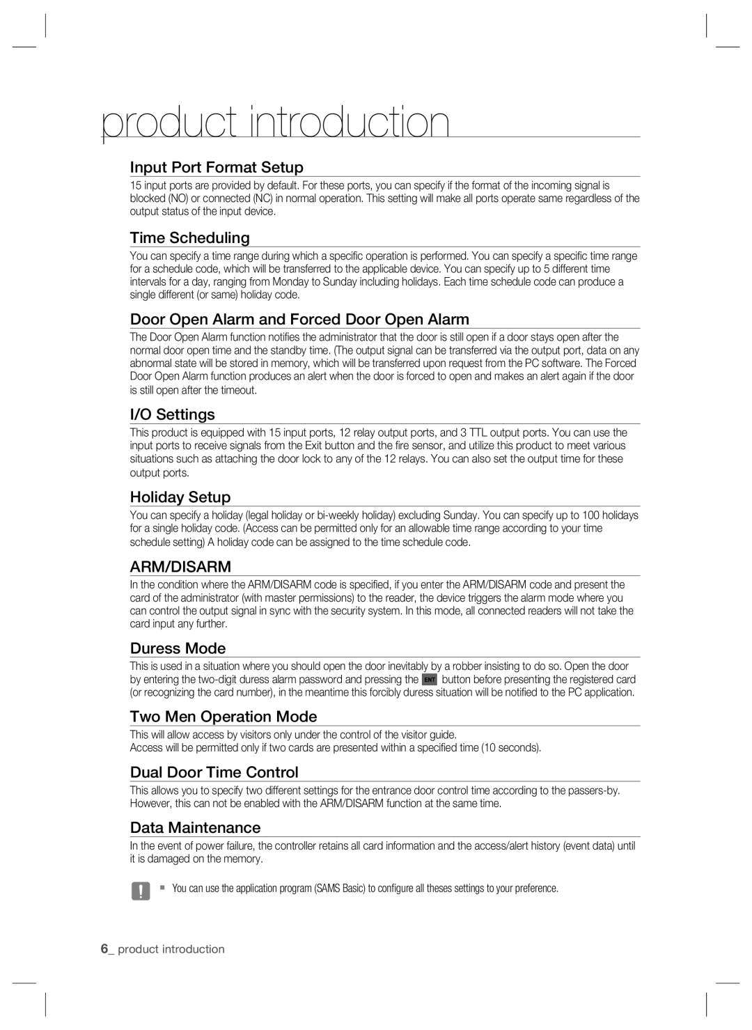Samsung SSA-P401, SSA-P400T Input Port Format Setup, Time Scheduling, Door Open Alarm and Forced Door Open Alarm, Settings 