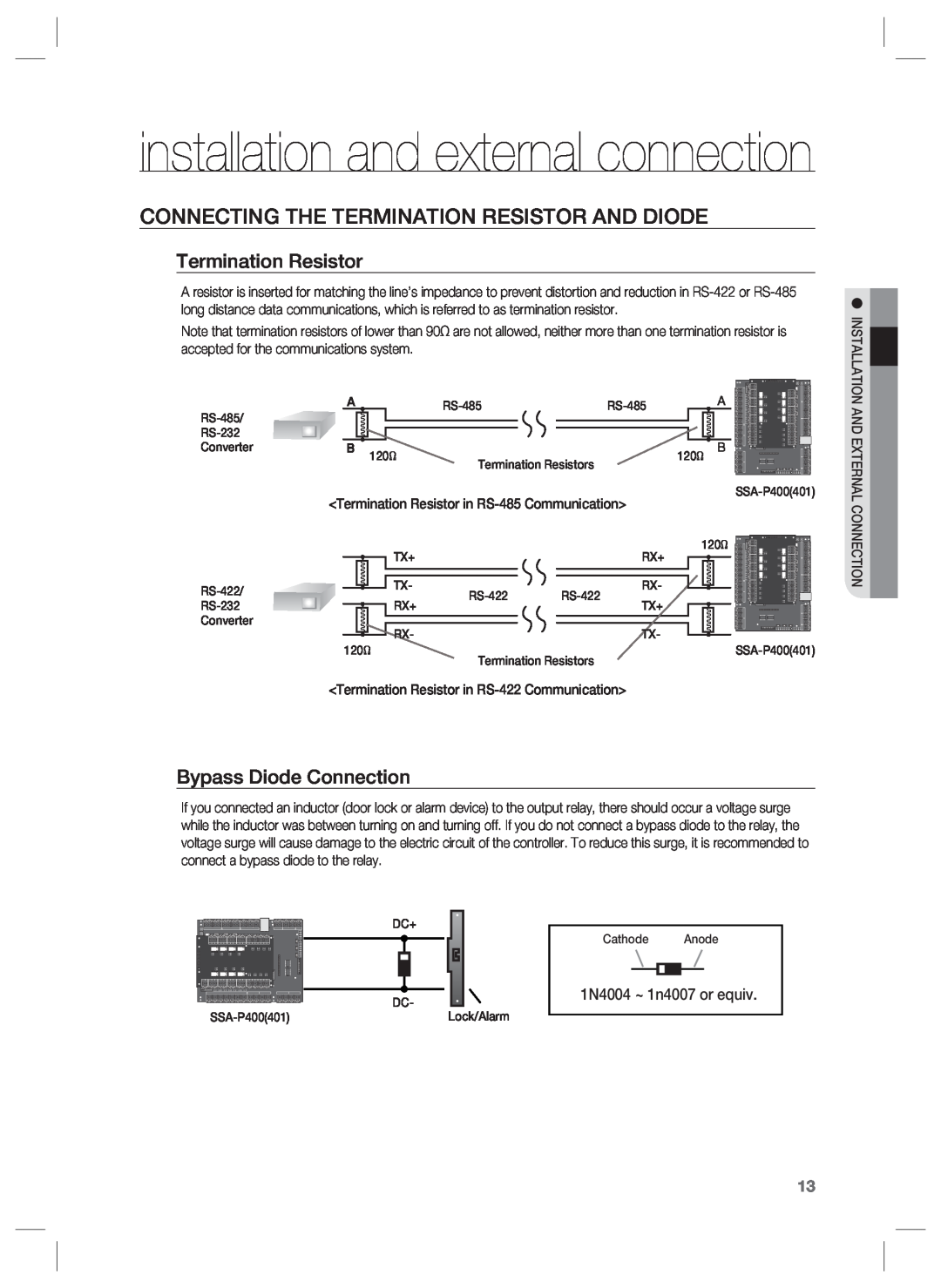 Samsung SSA-P401T, SSA-P400T user manual installation and external connection, Connecting The Termination Resistor And Diode 