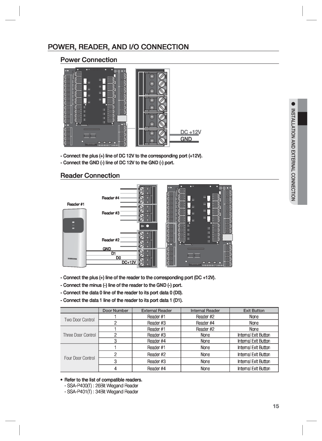 Samsung SSA-P400T, SSA-P401T user manual Power, Reader, And I/O Connection, Power Connection, Reader Connection, DC +12V 