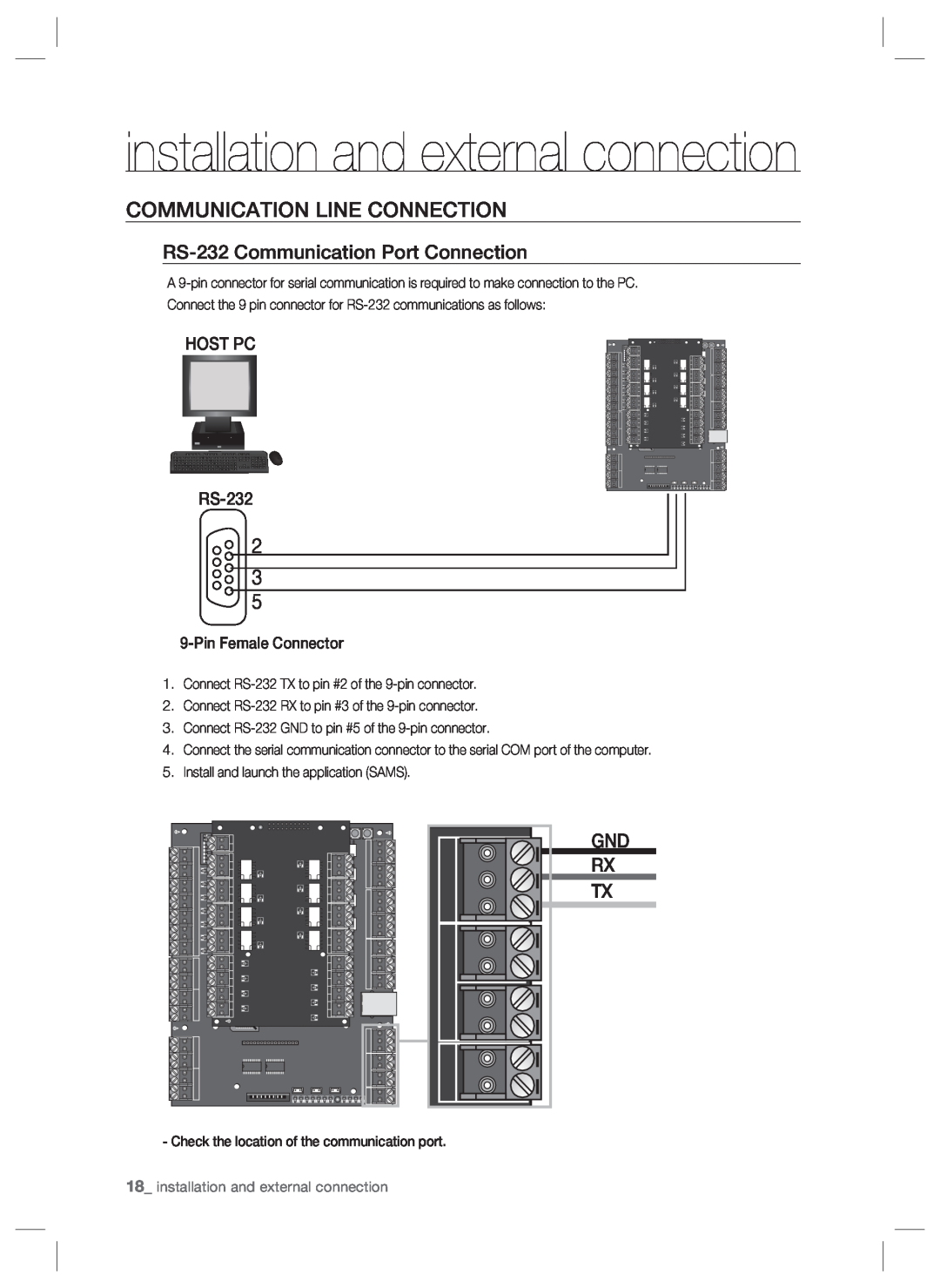 Samsung SSA-P400T, SSA-P401T user manual Communication Line Connection, RS-232Communication Port Connection, Gnd Rx Tx 