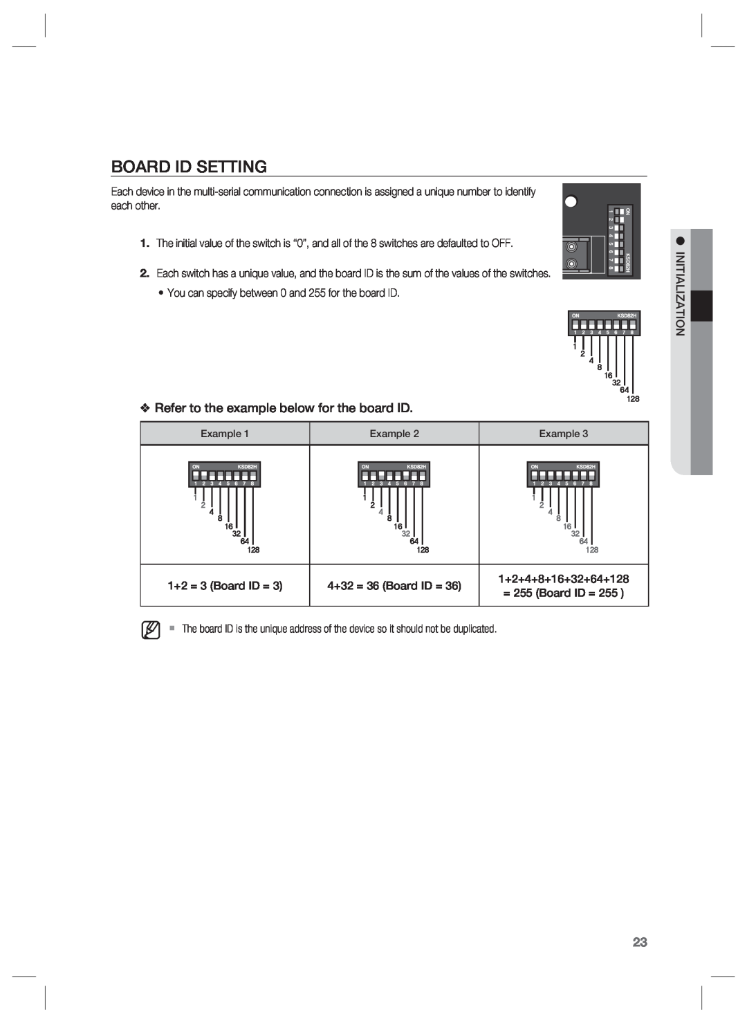 Samsung SSA-P400 Board Id Setting, Refer to the example below for the board ID, 1+2 = 3 Board ID =, 4+32 = 36 Board ID = 