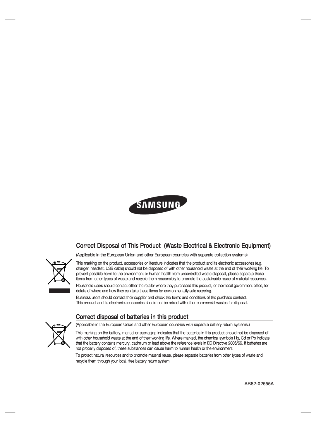 Samsung SSA-P400T, SSA-P401T user manual Correct disposal of batteries in this product 